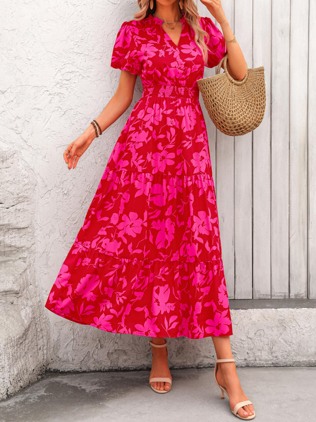 PRETTYGARDEN Summer Maxi Dresses for Women  Casual V Neck Puff Short Sleeve Smocked Flowy Beach Boho Long Floral Dress