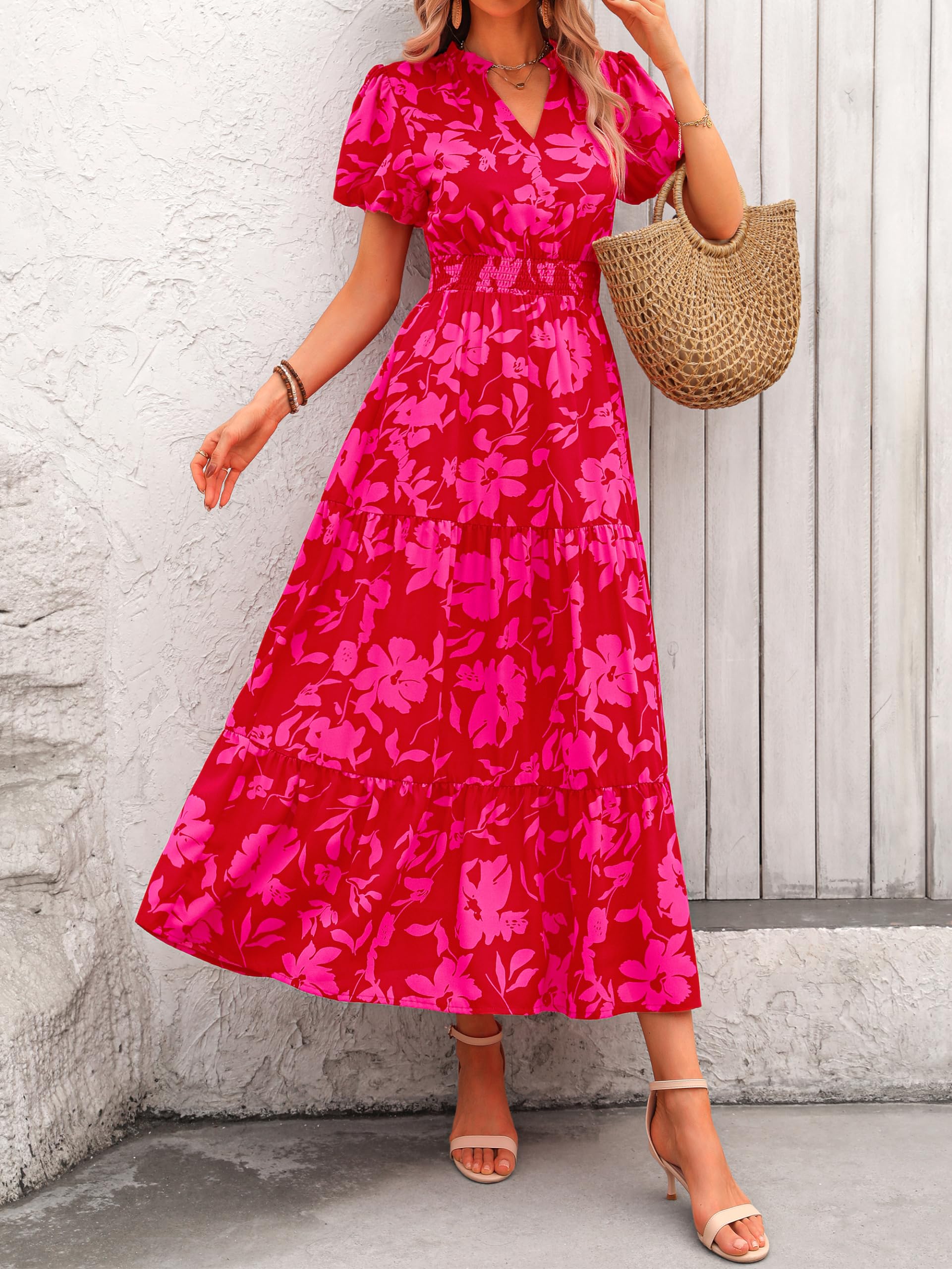 PRETTYGARDEN Summer Maxi Dresses for Women  Casual V Neck Puff Short Sleeve Smocked Flowy Beach Boho Long Floral Dress