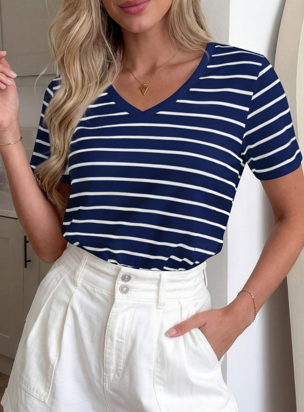 PRETTYGARDEN Short Sleeve Shirts for Women Spring V Neck Cute Tops Casual Striped Shirt Knitted Tees Summer Outfits