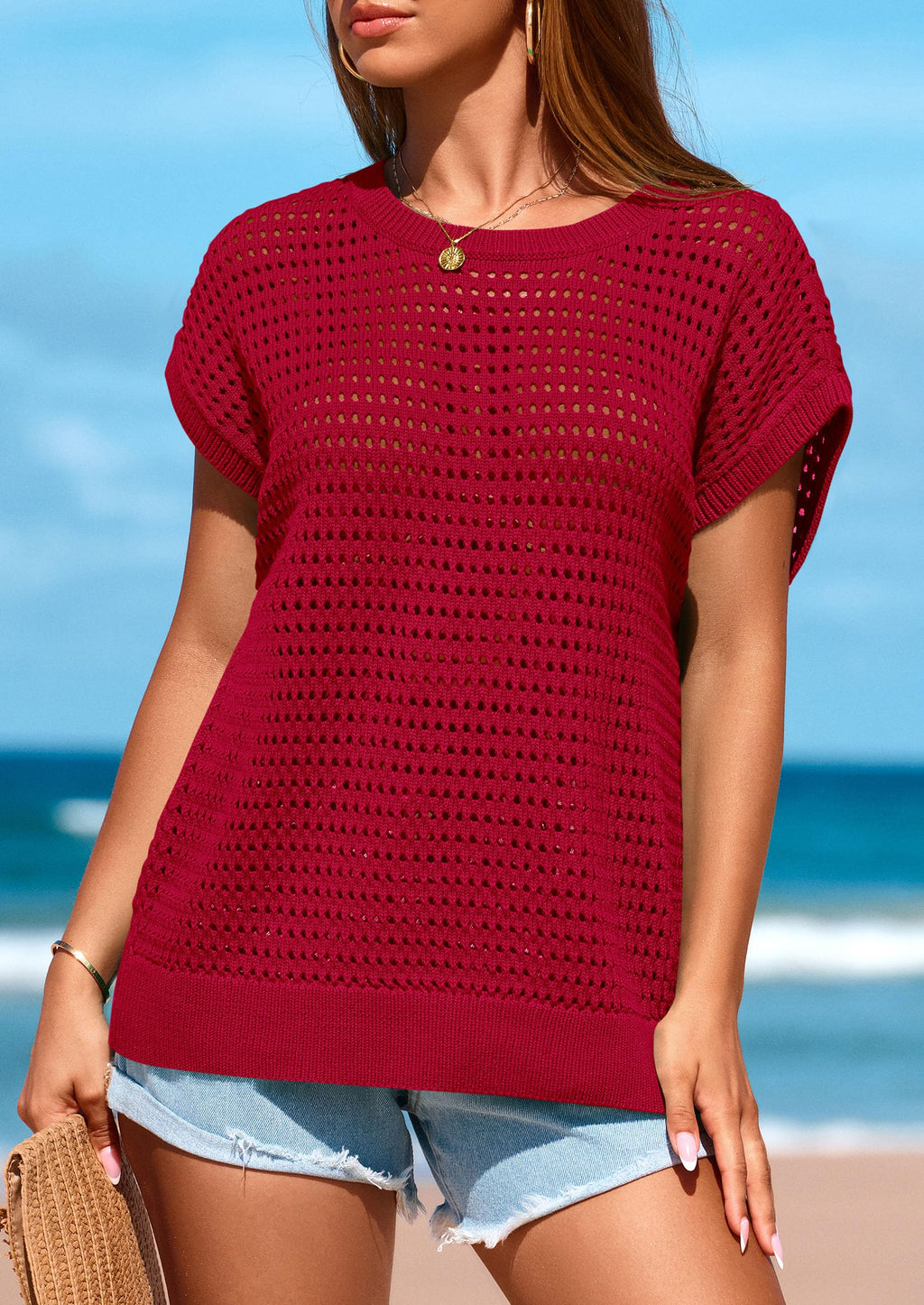 PRETTYGARDEN Womens Spring Tops Summer Shirts Crochet Cap Sleeve Sweater Pullover Cute Beach Vacation Clothes