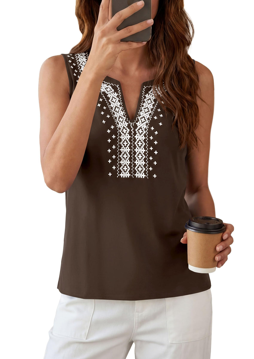 PRETTYGARDEN Womens Tank Tops Summer Causal V Neck Sleeveless Shirts Floral Print Embroidered Beach Vacation Boho Top