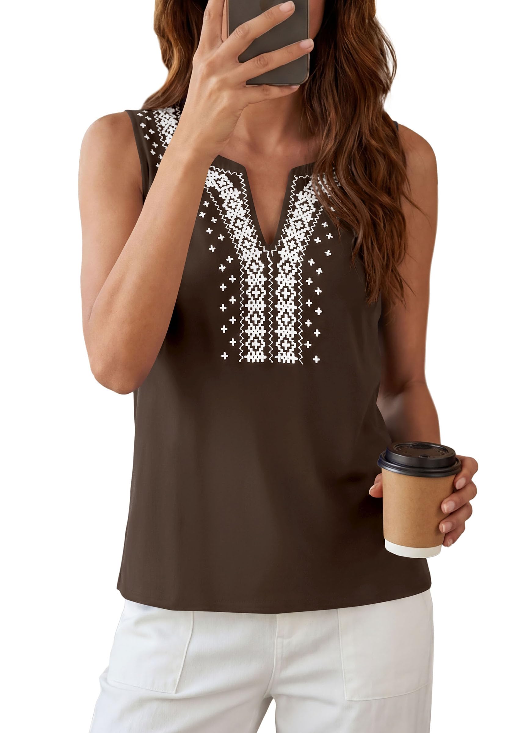 PRETTYGARDEN Womens Tank Tops Summer Causal V Neck Sleeveless Shirts Floral Print Embroidered Beach Vacation Boho Top