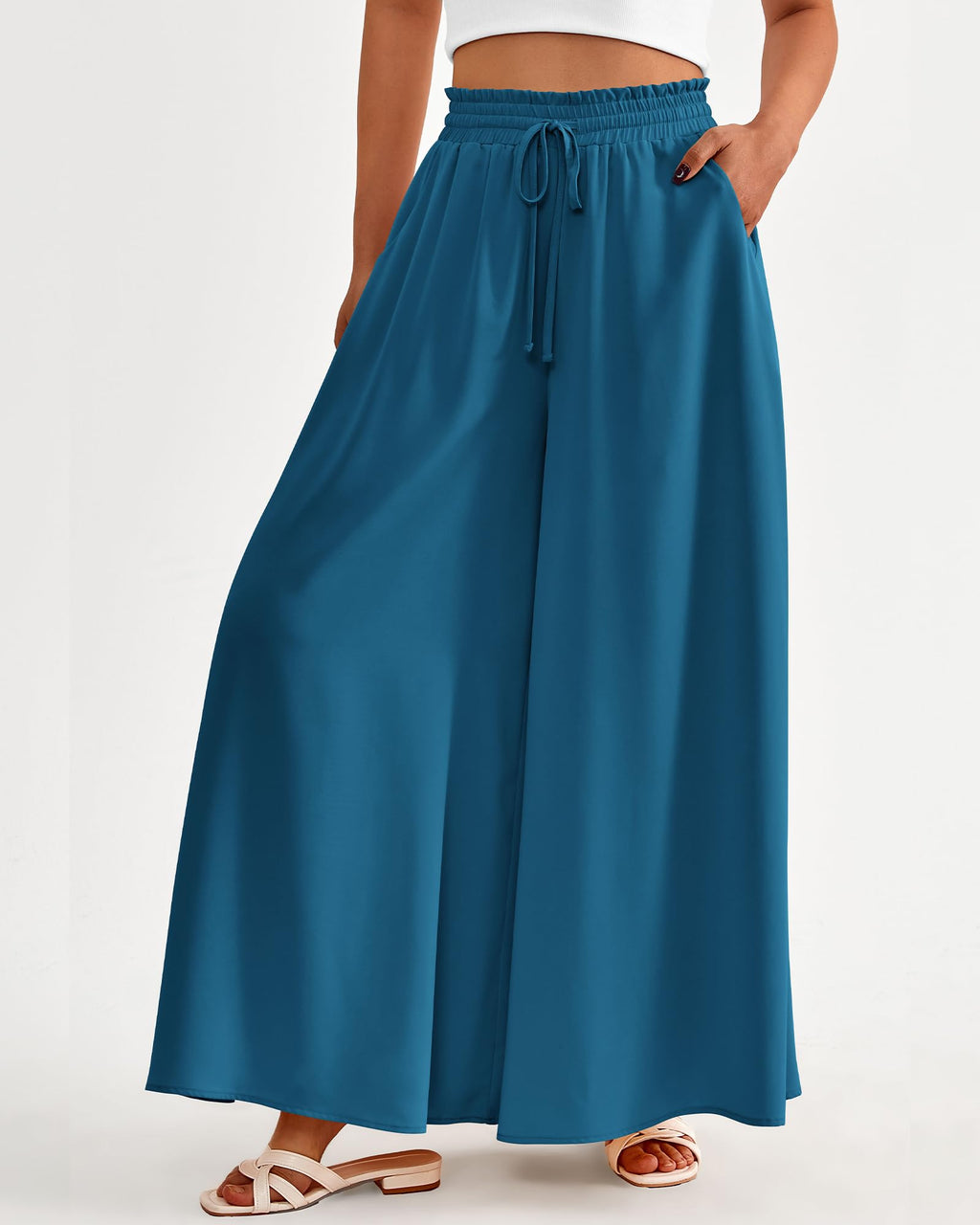 BTFBM Women Casual High Waist Wide Leg Pants Spring Summer Long Palazzo Pants Pocket Lounge Beach Vacation Clothes