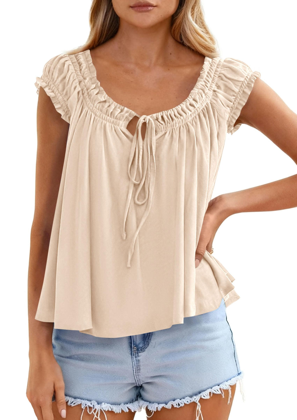 PRETTYGARDEN Women Babydoll Tops Summer Clothes Cap Sleeve Tie Front Flowy Tank Top Peplum Blouses Cute Going Out Shirts