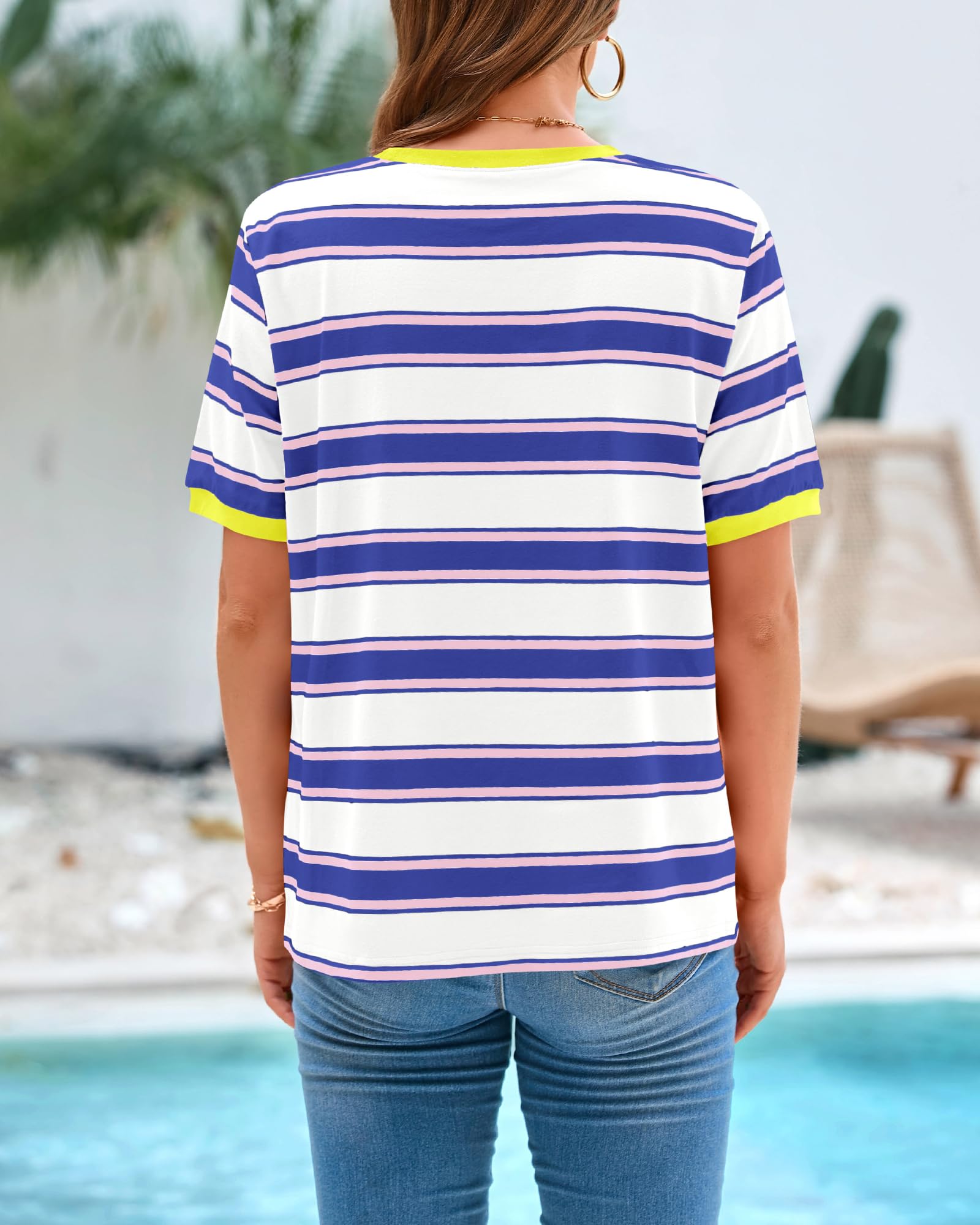 BTFBM Summer Tops for Women Crewneck Short Sleeve Striped T Shirts Casual Spring Clothes Color Block Basic Tee Blouses