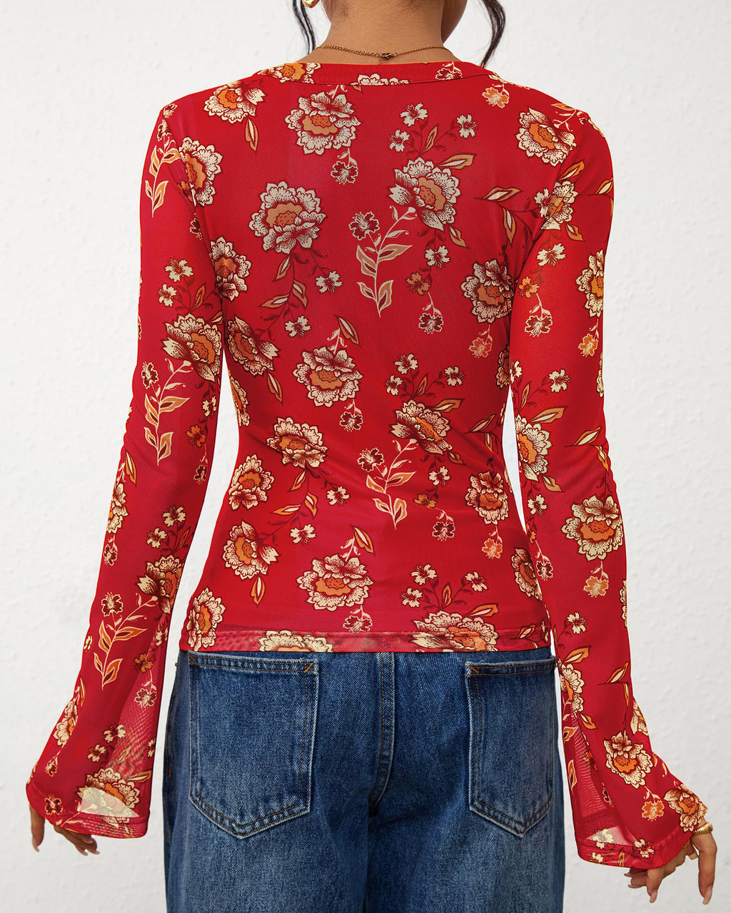 FreshPretty Button Down Shirts for Women Fall Fashion V Neck Long Sleeve Blouse Ruched Mesh Fitted Floral Print Boho Tops