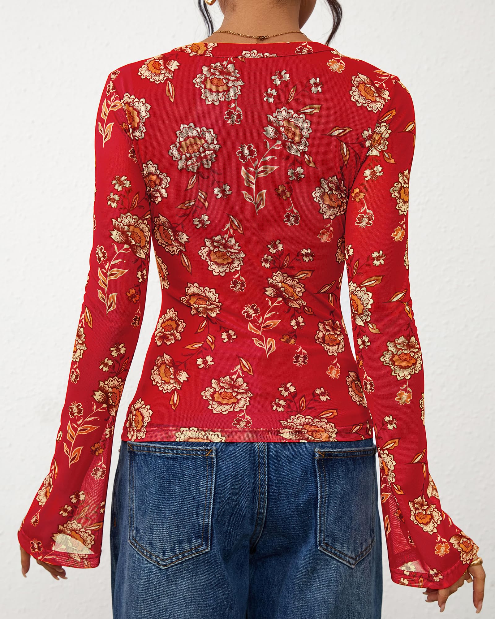 FreshPretty Button Down Shirts for Women Fall Fashion V Neck Long Sleeve Blouse Ruched Mesh Fitted Floral Print Boho Tops