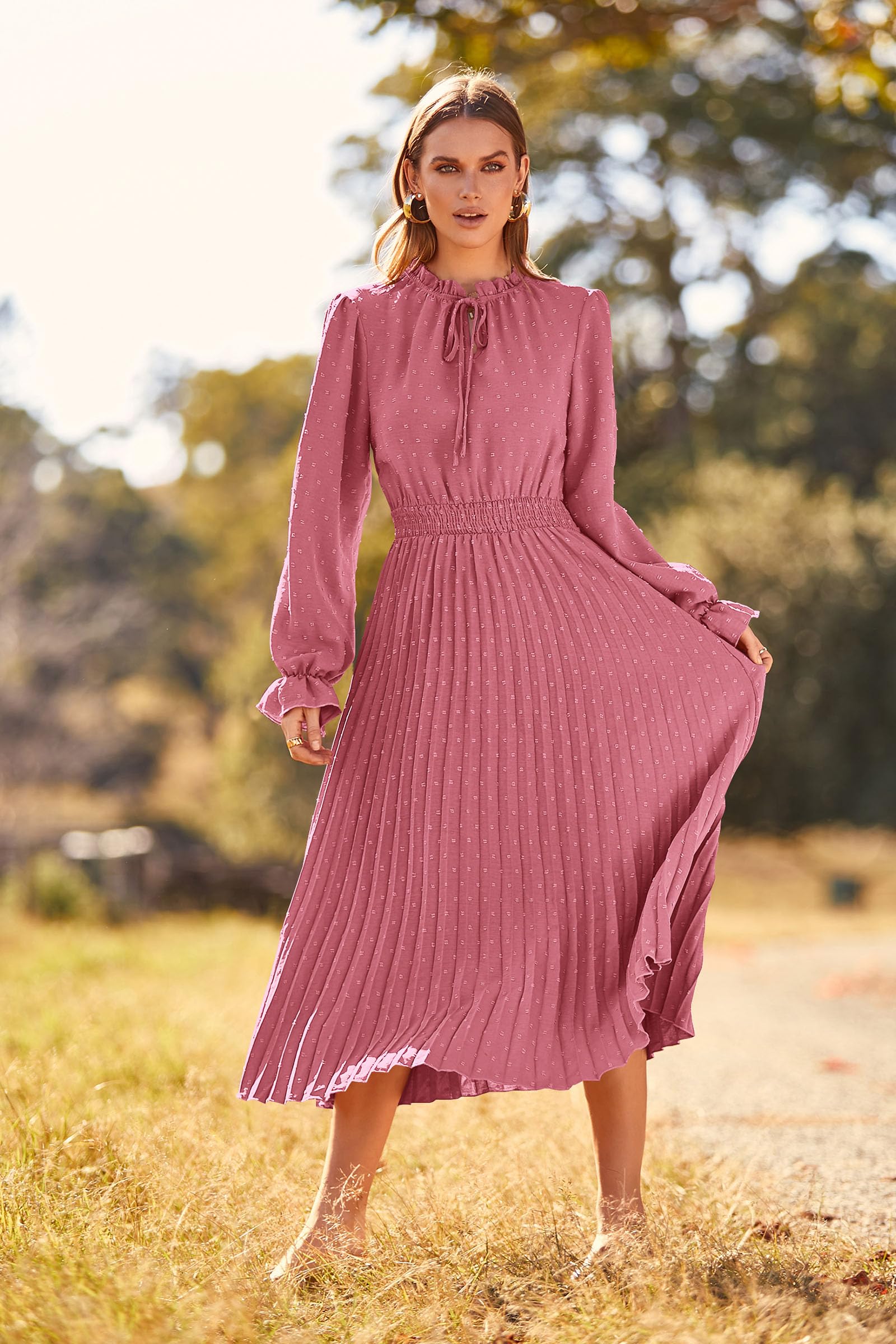 PRETTYGARDEN Women's Spring Fall Midi Dress Casual Long Sleeve V Neck Swiss Dot Pleated A Line Flowy Dresses