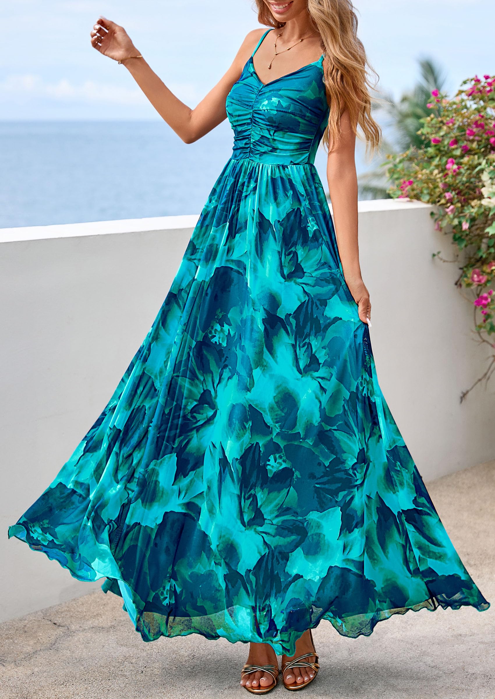 PRETTYGARDEN Women Summer Floral Maxi Dress Spirng Spaghetti Strap Mesh Boho Sundress Party Beach Vacation Long Dresses