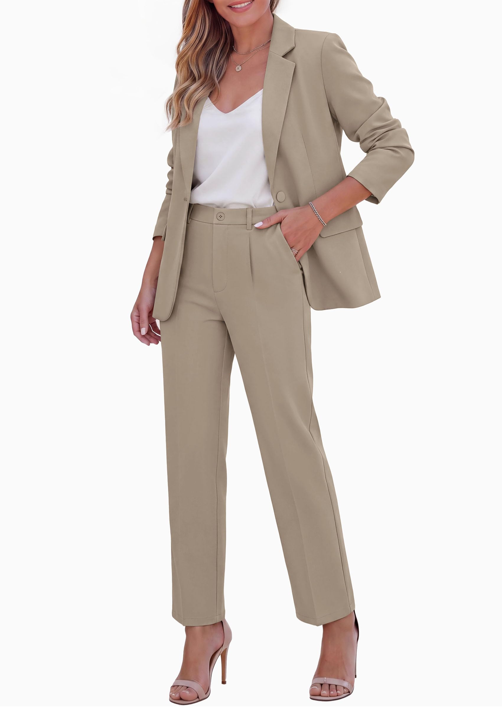 PRETTYGARDEN Two Piece Sets for Women Dressy Pant Suits Lapel Blazer,Straight Leg Dress Pants,Professional Interview Suit Set,Business Casual Outfits,Office Work Clothes,Fall Winter