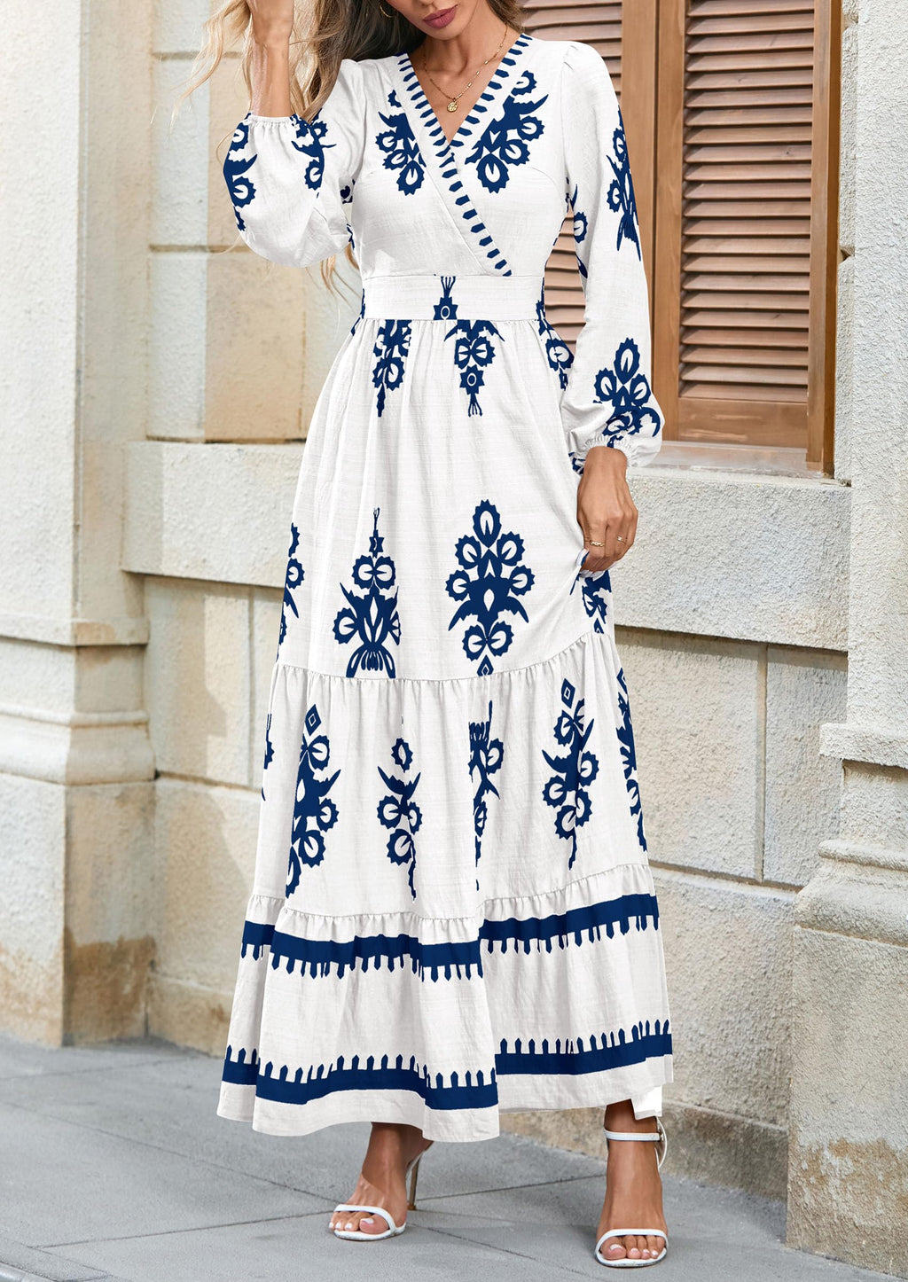 PRETTYGARDEN Women's Fall Wedding Guest Dresses Boho Floral Long Sleeve V Neck Flowy Elegant Maxi Dress Beach Clothes
