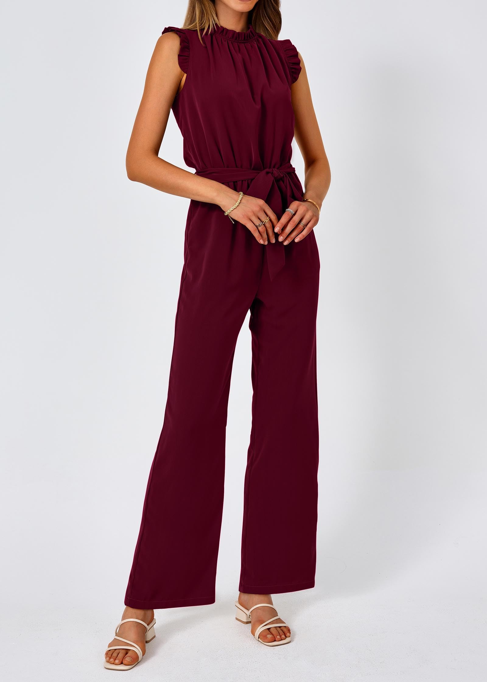 FreshPretty Jumpsuits For Women Dressy Summer One Piece Sleeveless Ruffle Mock Neck Belt Pockets Formal Wide Leg Pants Romper