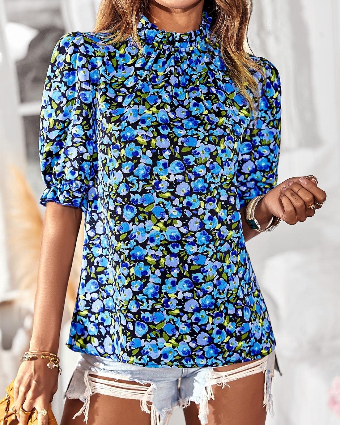 FreshPretty Women's Dressy Casual Blouses Business Work Tops Lace Trim Short Sleeve Office Shirts Summer Spring Outfits