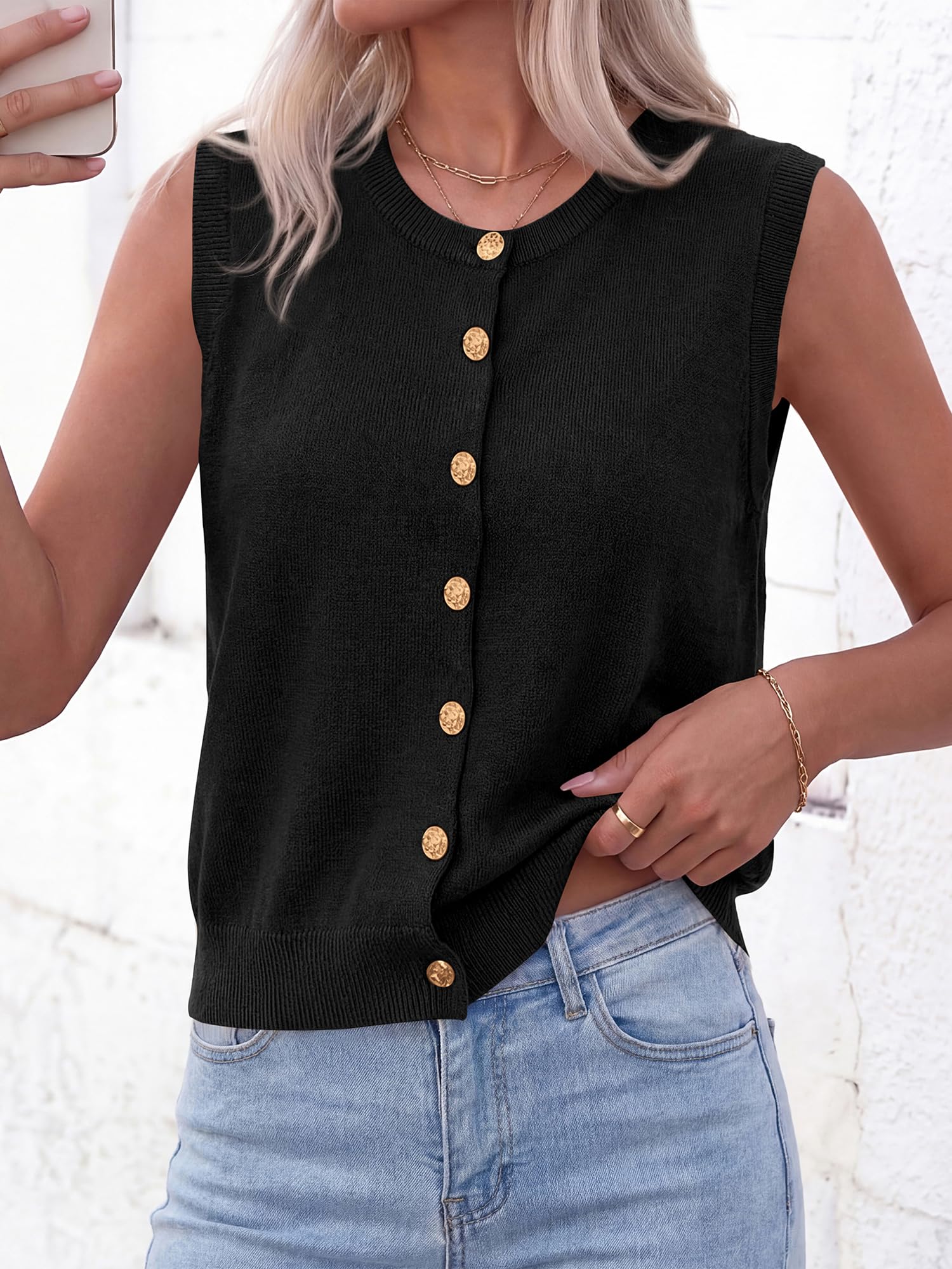 BTFBM Sweater Vest Women Casual Crewneck Loose Button Down Knit Sleeveless Cardigan Spring Clothes Summer Vest Tops