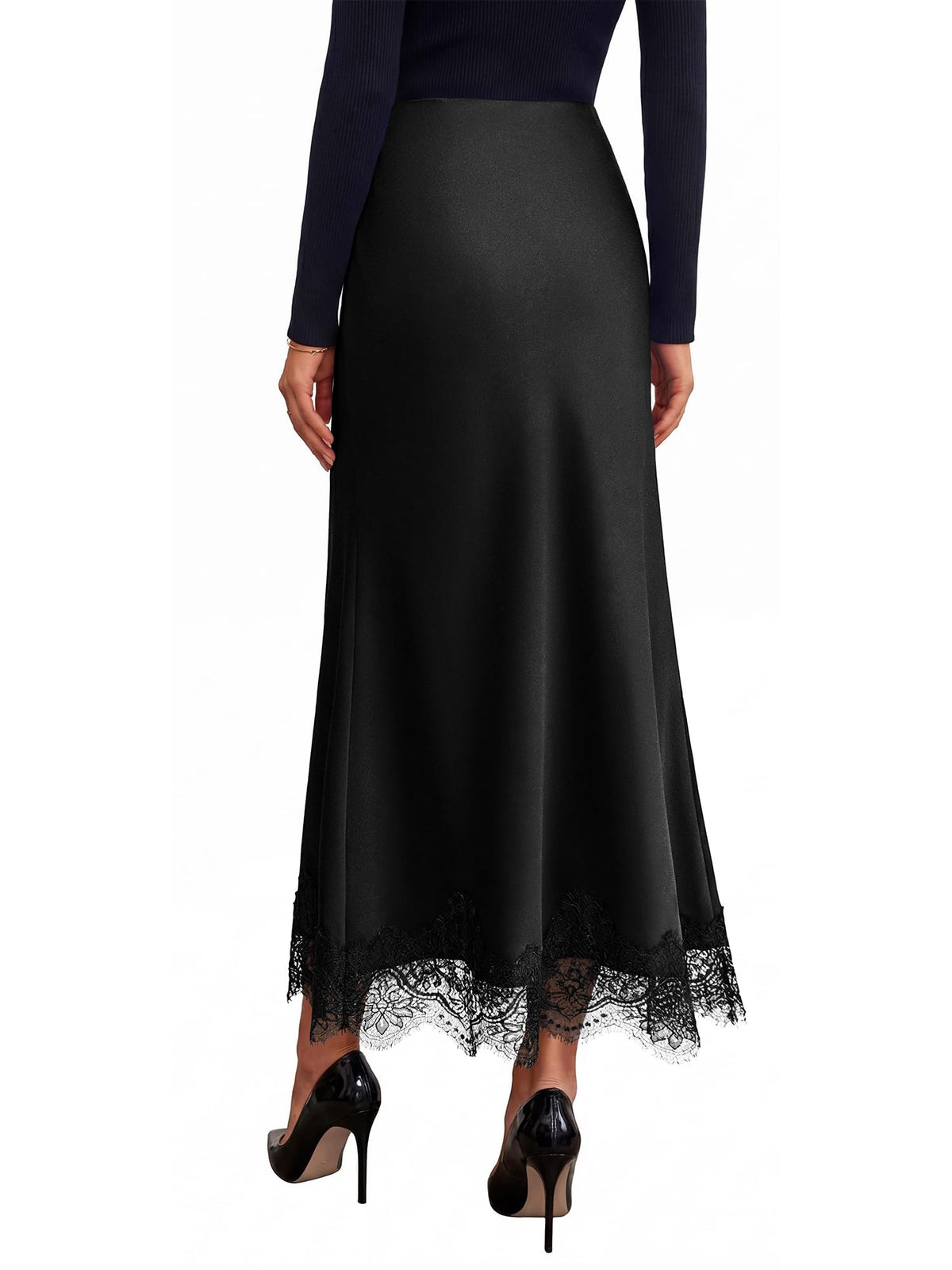 BTFBM Lace Trim Satin Skirts for Women Elegant | Lightweight, High Waist, A-Line, Flowy Maxi Skirt, Wedding, Cocktail, Graduation, Holiday Outfits, Fall Fashion Clothing
