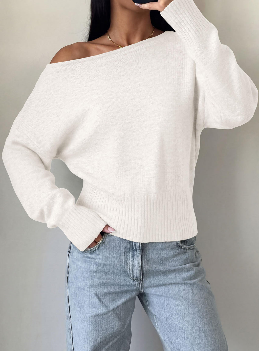 PRETTYGARDEN Womens Off The Shoulder Sweater Fall Fashion Soft Stretchy Knit Fabric, Batwing Long Sleeve Cinched Waist Cropped Sweaters, Date Night Outfit, Asymmetrical Going Out Tops
