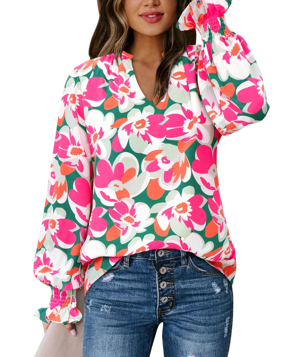 FreshPretty Womens V Neck Floral Long Sleeve Tops Summer Casual Loose Puff Sleeve Chiffon Boho Work Blouse Dressy T Shirts