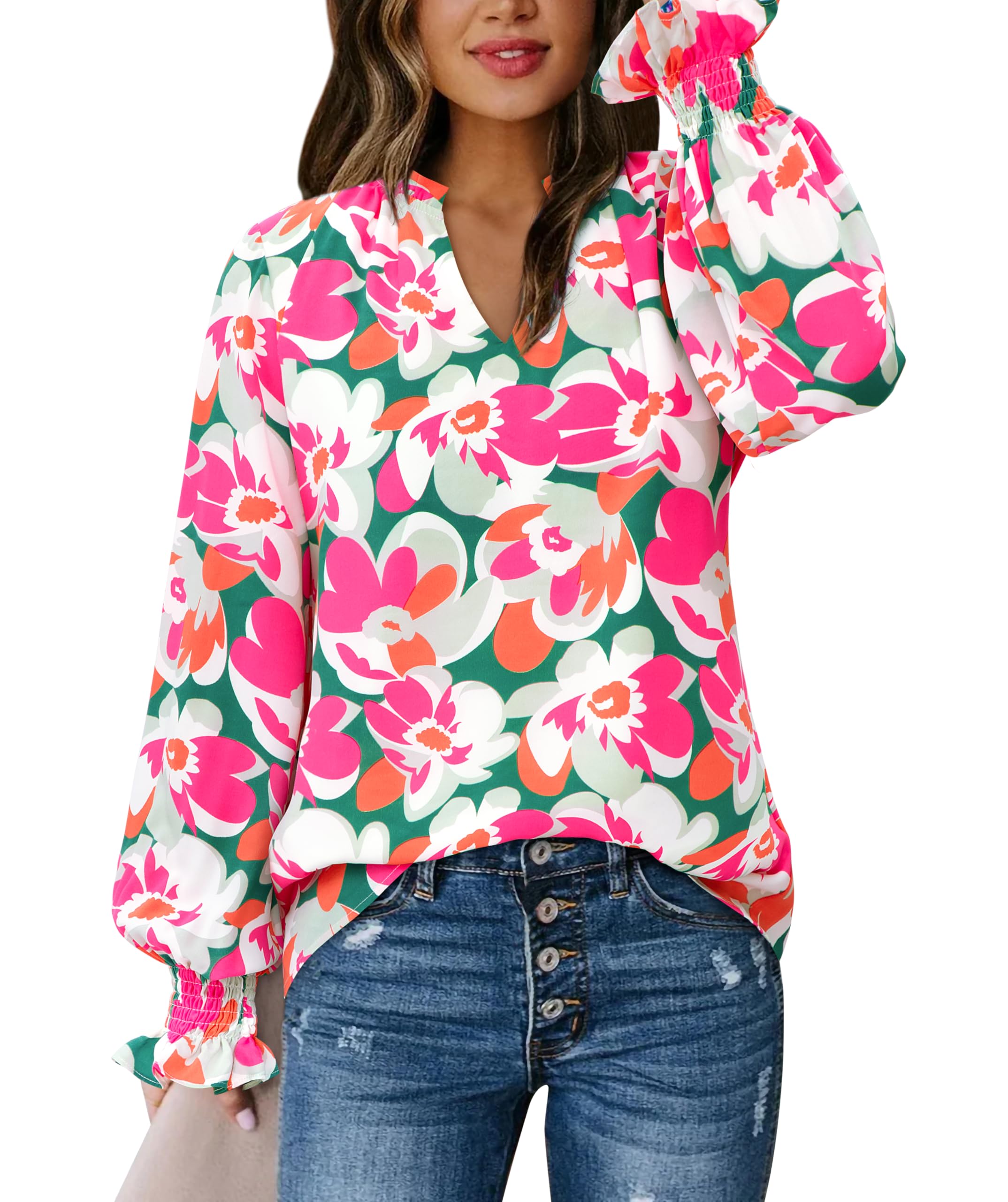 FreshPretty Womens V Neck Floral Long Sleeve Tops Summer Casual Loose Puff Sleeve Chiffon Boho Work Blouse Dressy T Shirts