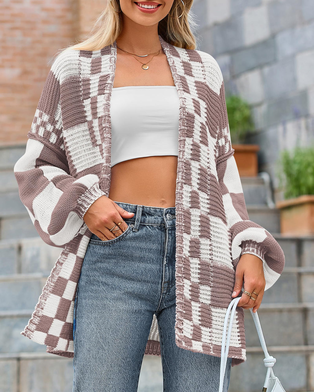 BTFBM Casual Cardigan Sweater for Women Fall Long Sleeve Sweaters Fall Outfits, Loose Fit,Solid,Open Front Chunky Knit Sweaters,Chunky Cardigan Sweaters For Women,Checkered Outwear Coat