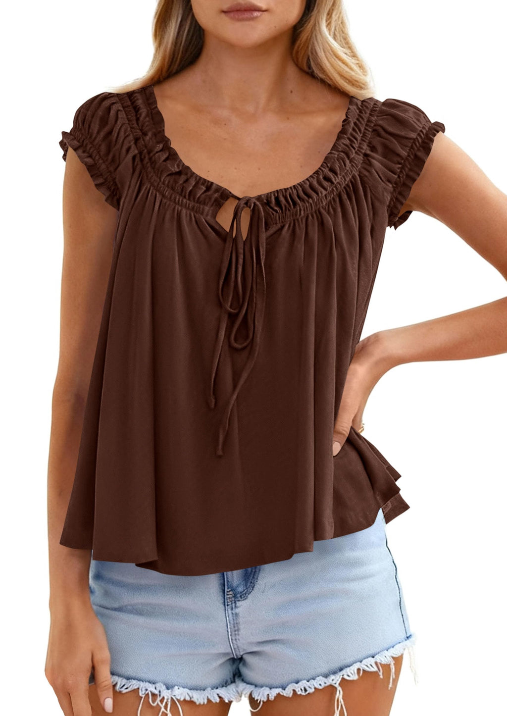 PRETTYGARDEN Women Babydoll Tops Summer Clothes Cap Sleeve Tie Front Flowy Tank Top Peplum Blouses Cute Going Out Shirts