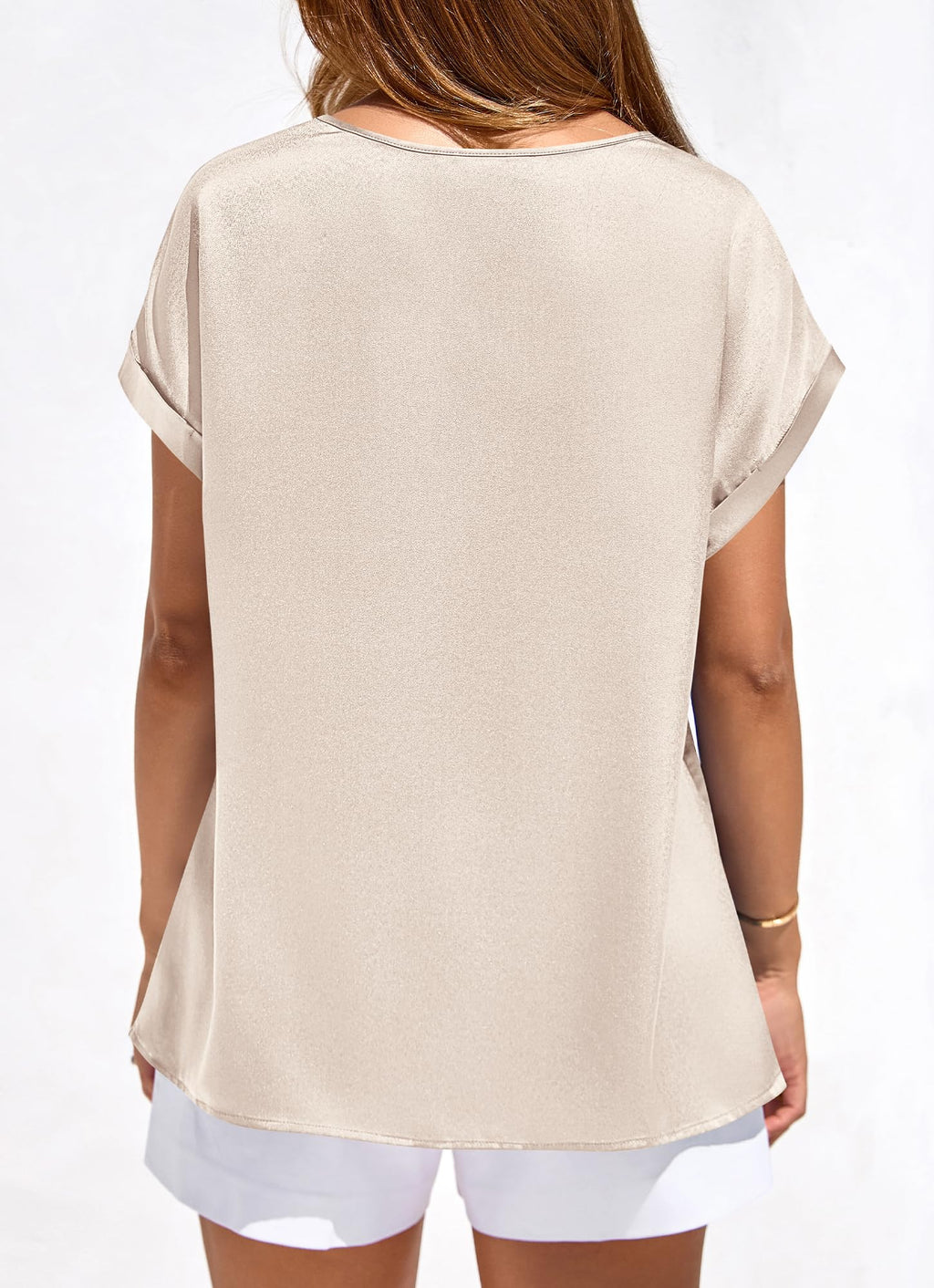 FreshPretty Womens Summer Tops Satin Silk Crewneck Short Sleeve Shirts Work Business Outfits Spring Blouses Dressy Casual