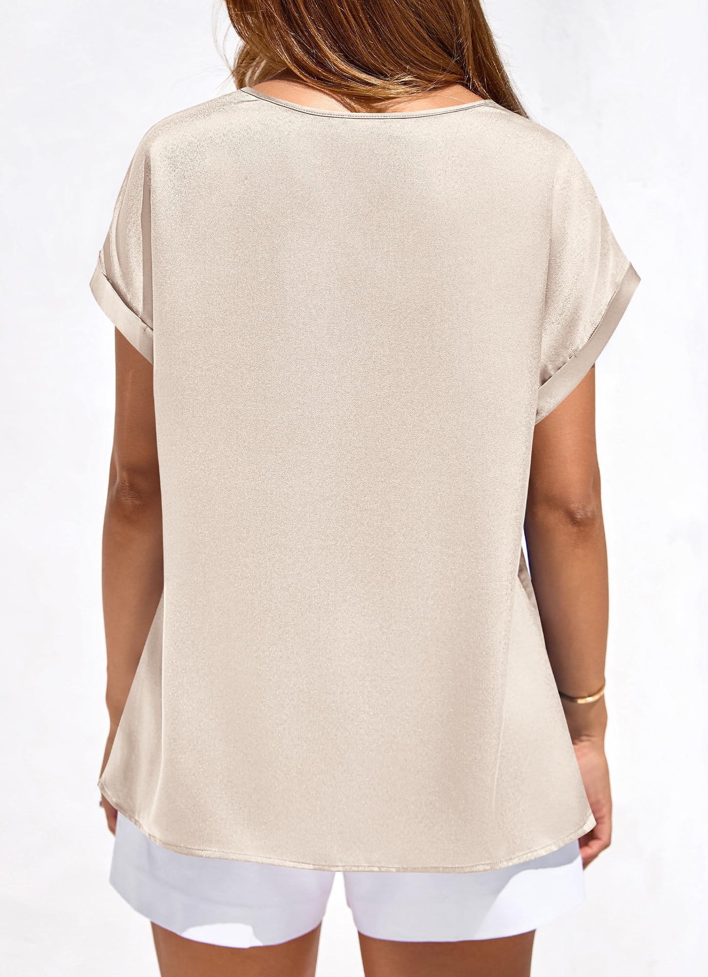 FreshPretty Womens Summer Tops Satin Silk Crewneck Short Sleeve Shirts Work Business Outfits Spring Blouses Dressy Casual
