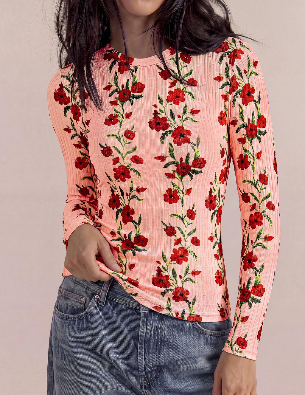 PRETTYGARDEN Womens Long Sleeve Shirts Floral Y2K Tops Soft Lightweight Ribbed Knit Top,Fitted Waist,Crew Neck Slim Fit,Going Out Vacation Outfits,Layering Fall Winter Clothes