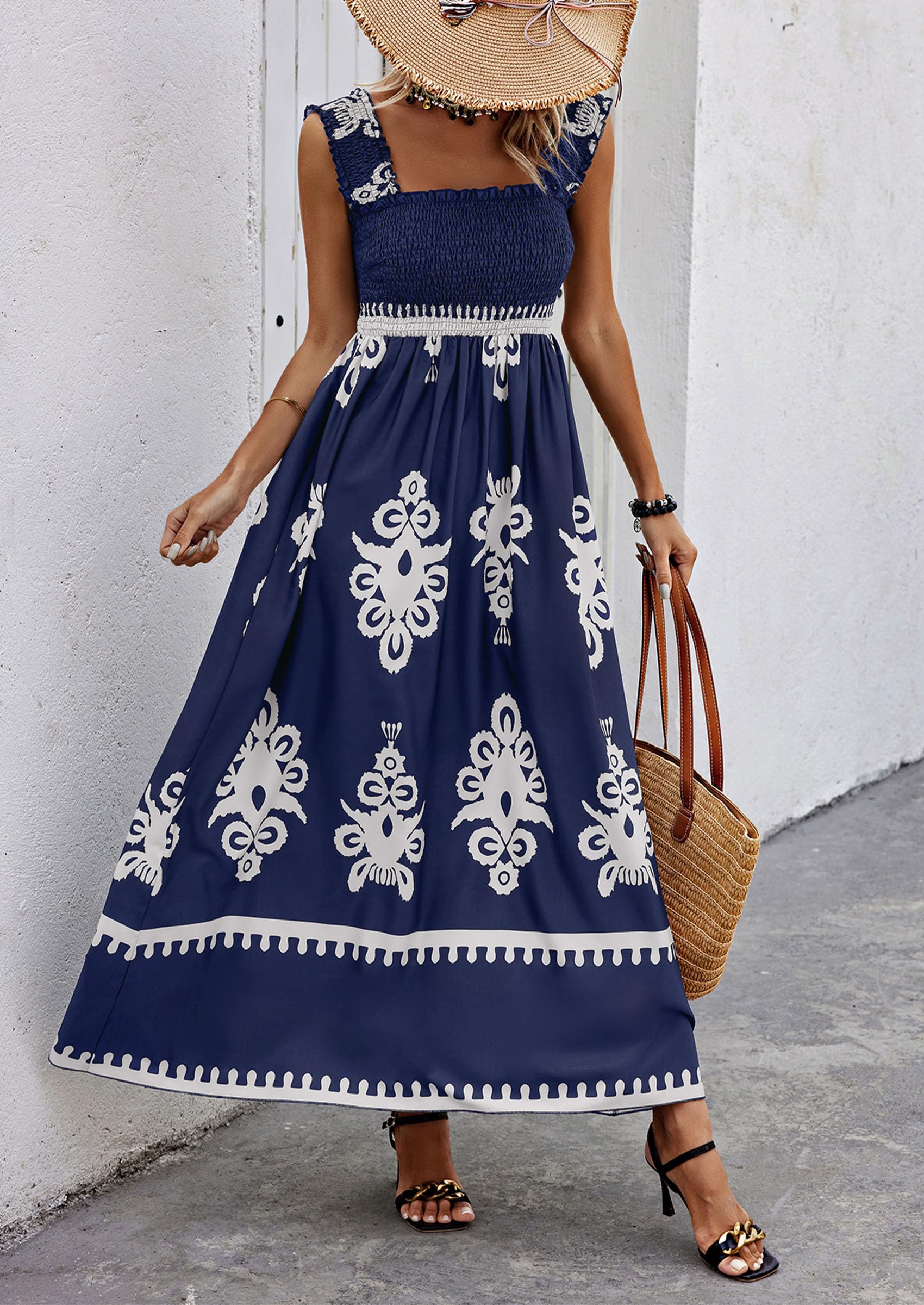 PRETTYGARDEN Womens Summer Boho Maxi Dress Casual Sleeveless Square Neck Floral Aline Smocked Beach Dresses with Pockets