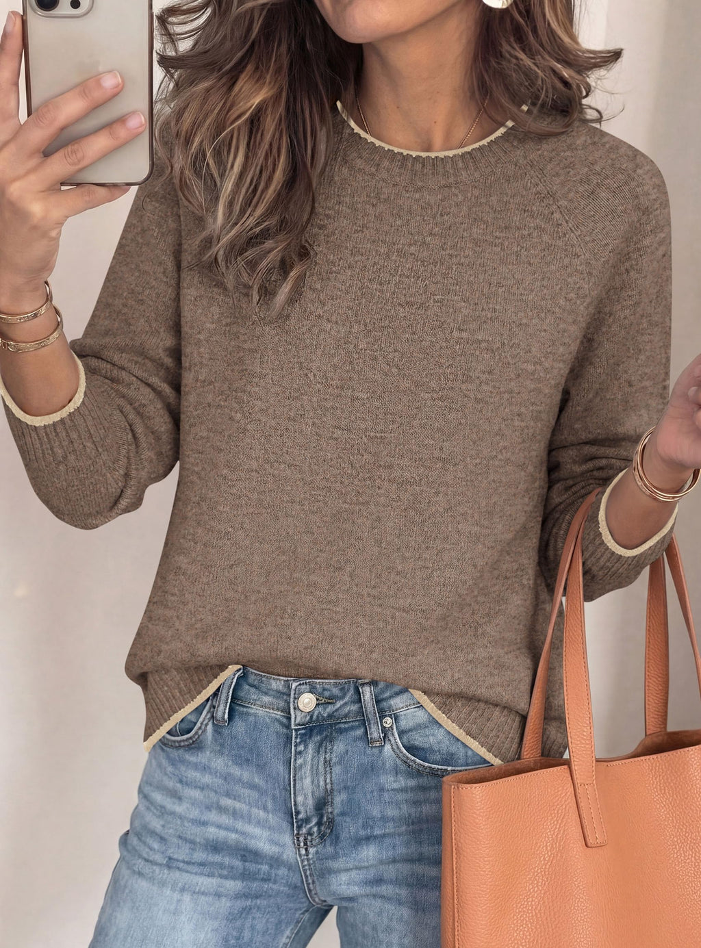 PRETTYGARDEN Womens Crewneck Fall Sweaters Pullover Tops Soft Stretchy Knit,Raglan Long Sleeve,Ribbed Cuffs,Color Block,Casual Daily Outfits,Office Work Clothes,Winter Layering Wear