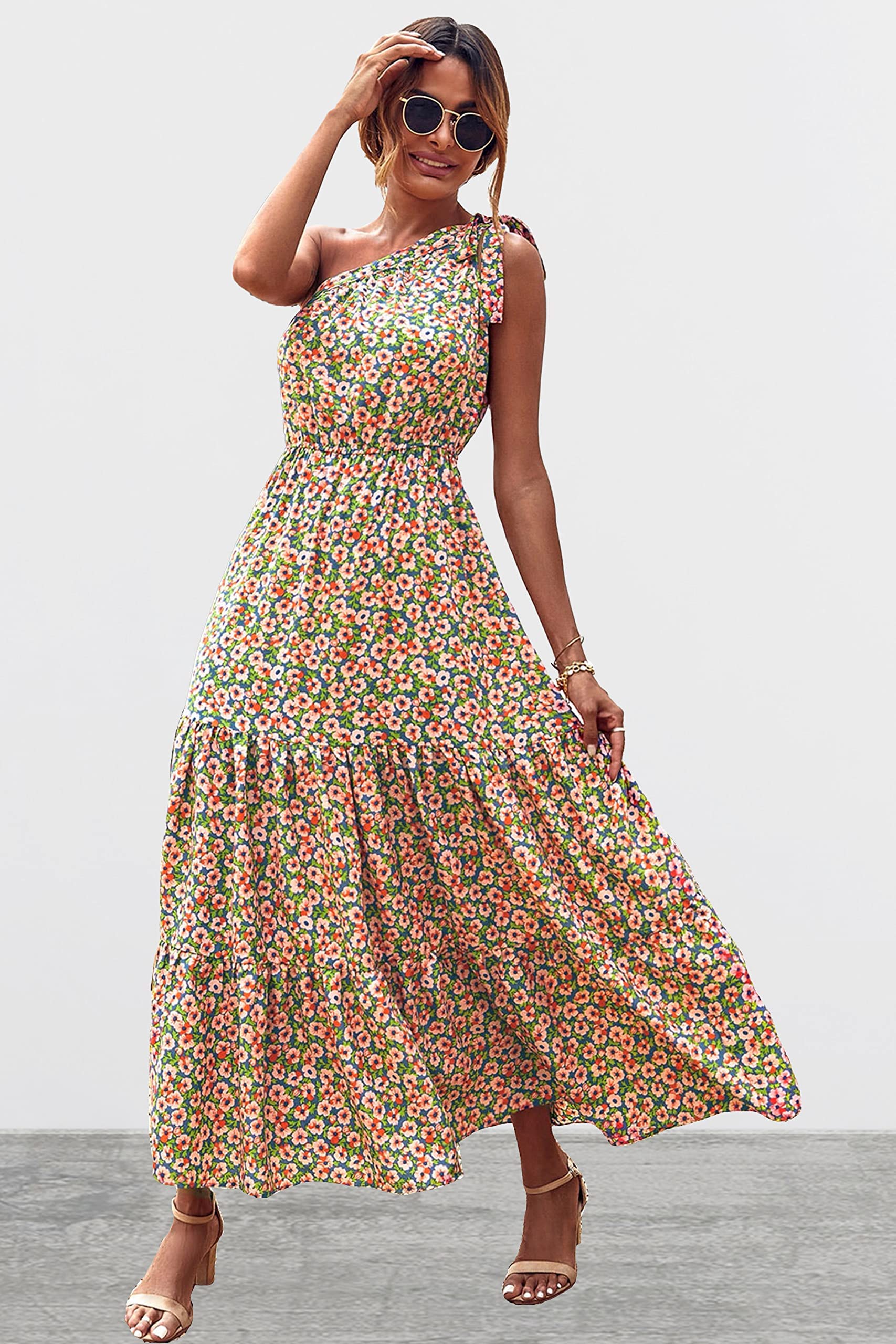 PRETTYGARDEN Women's Summer Floral One Shoulder Maxi Dress Knot Ruffle Boho Beach Vacation Wedding Guest Long Sun Dresses
