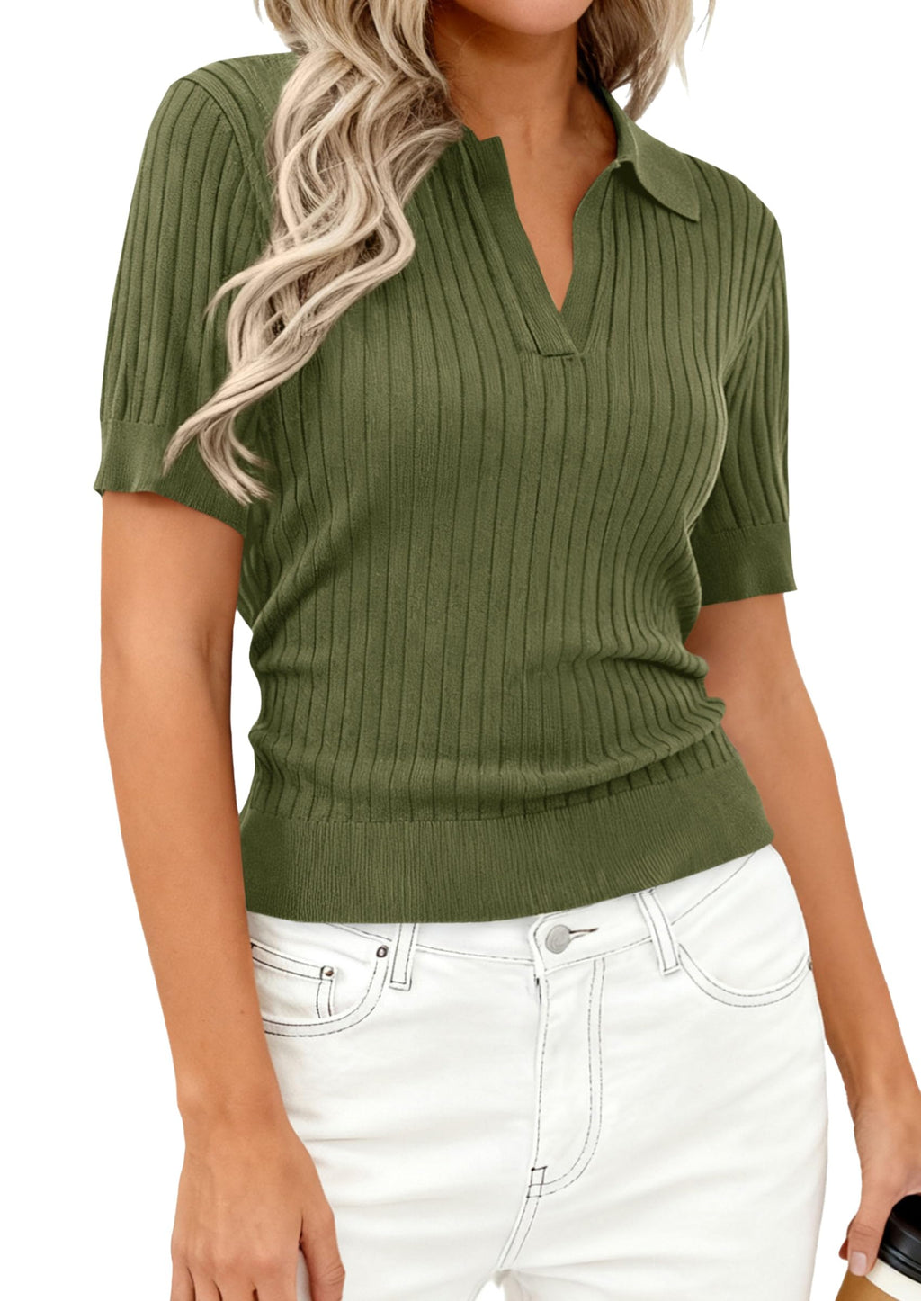 PRETTYGARDEN Women's Short Sleeve Sweater Spring Polo Shirts Ribbed Knit V Neck Business Casual Tops Summer Work Clothes
