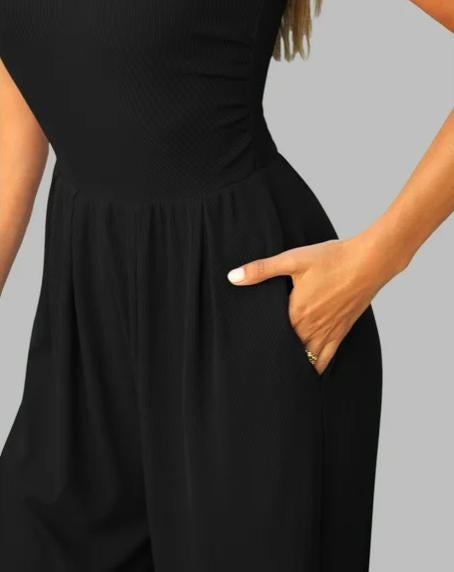 FreshPretty Womens Jumpsuit Dressy Casual Summer Outfits One Piece Cap Sleeve Mock Neck Wide Leg Pants Rompers with Pockets