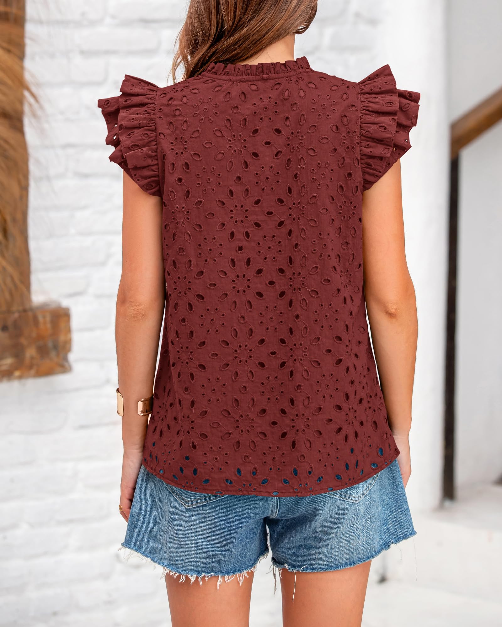 FreshPretty Women Summer Eyelet Tops Dressy Casual V Neck Ruffle Cap Sleeve Cotton Boho Shirts Lace Embroidered Blouses