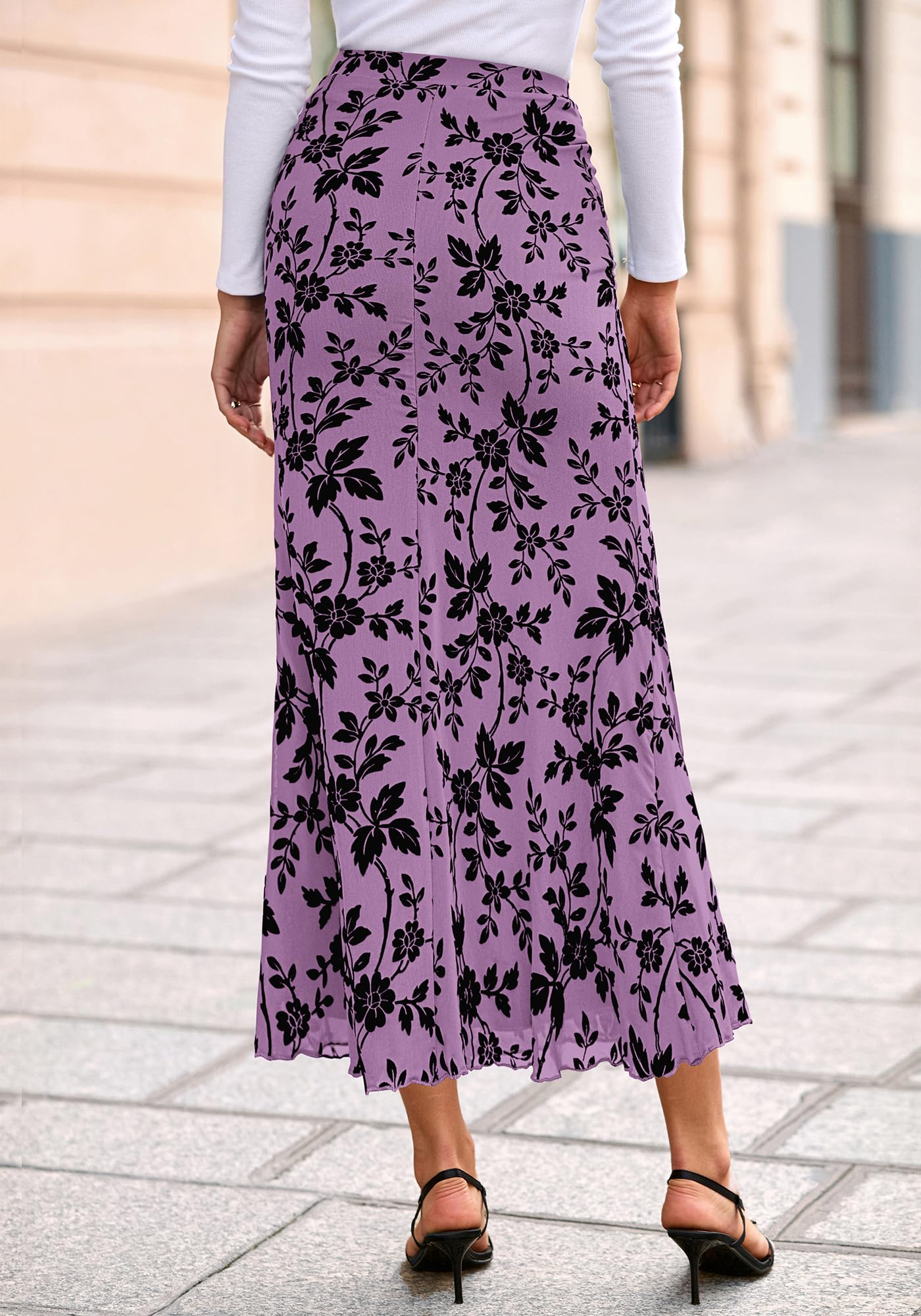 BTFBM Womens Floral Mesh Maxi Skirt Spring Summer Elastic High Waisted Boho Elegant Mermaid Long Skirts for Women