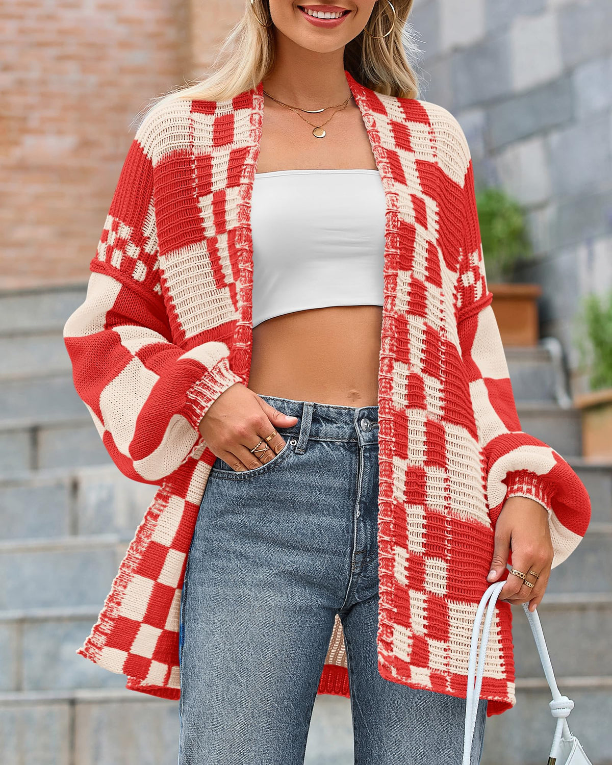 BTFBM Casual Cardigan Sweater for Women Fall Long Sleeve Sweaters Fall Outfits, Loose Fit,Solid,Open Front Chunky Knit Sweaters,Chunky Cardigan Sweaters For Women,Checkered Outwear Coat