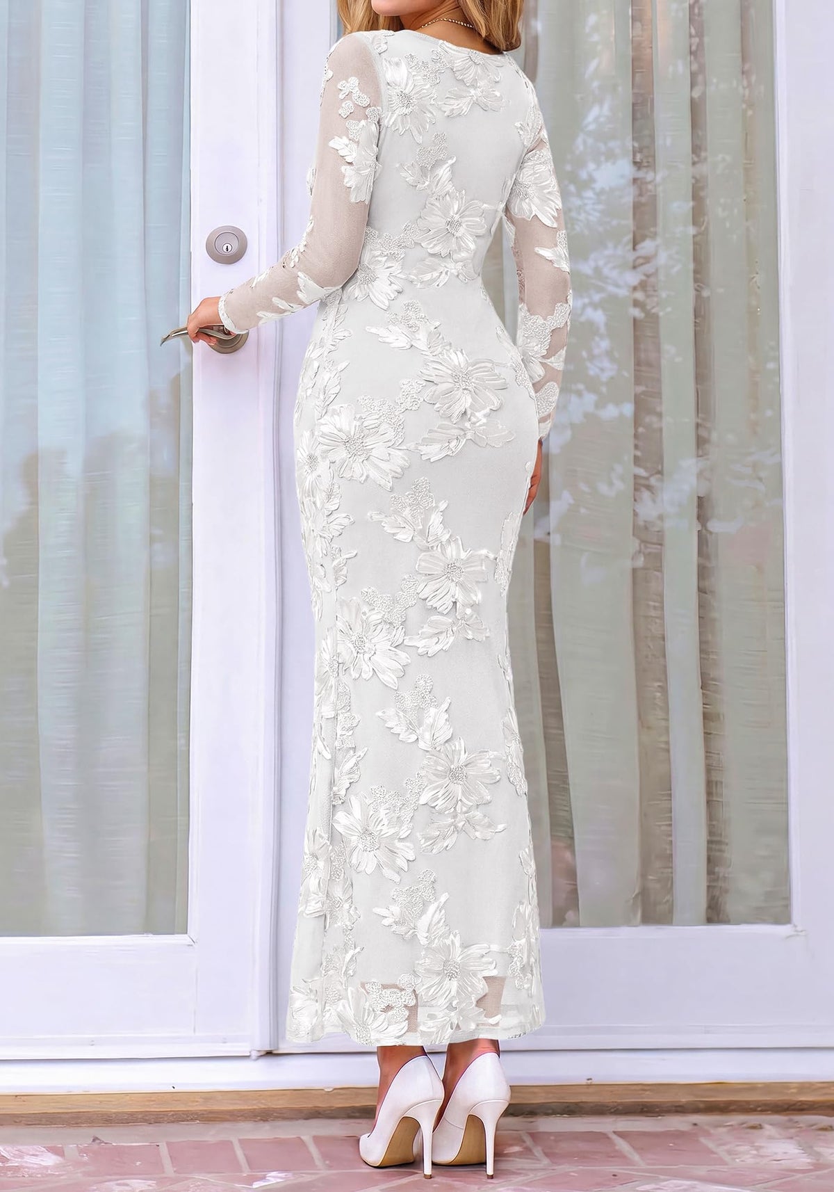 BTFBM Womens Long Sleeve Bodycon Floral Mesh Maxi Fall Wedding Guest Dress Semi Formal Dresses For Bridal Shower, Engagement, Cocktail, Homecoming, Prom, Birthday Party, Date Night Outfits, Lined