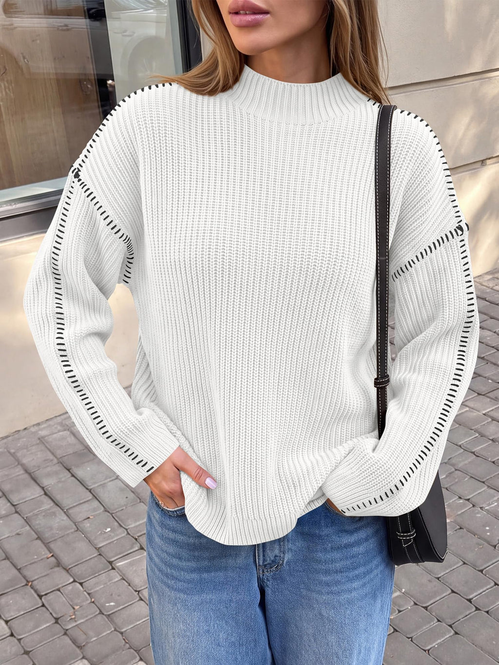 "BTFBM Womens Oversized Sweaters Contrast Chunky Knit Sweater Loose Fit Mock Neck Long Sleeve Tops, Soft Cozy Knitwear, Fall Fashion 2026, Casual Winter Clothing, Daily Going Out Outfits"