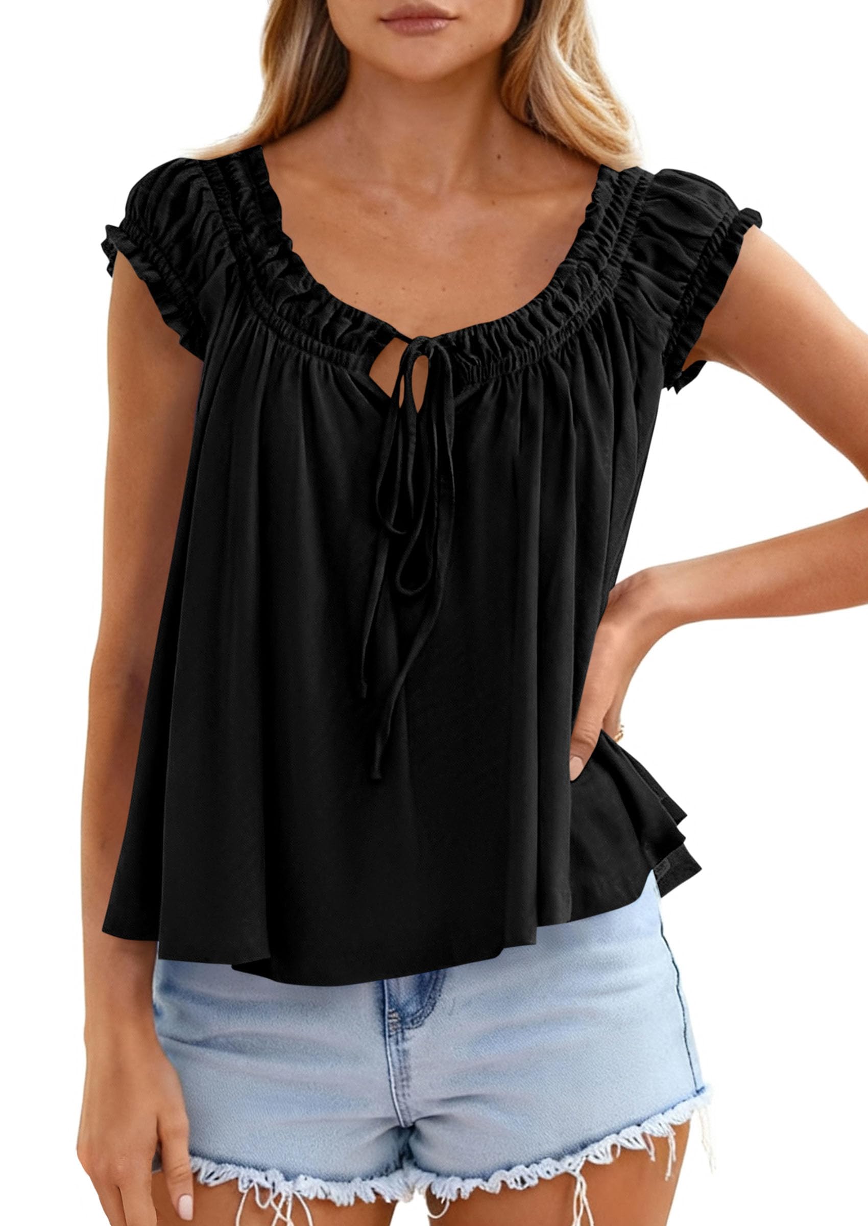 PRETTYGARDEN Women Babydoll Tops Summer Clothes Cap Sleeve Tie Front Flowy Tank Top Peplum Blouses Cute Going Out Shirts