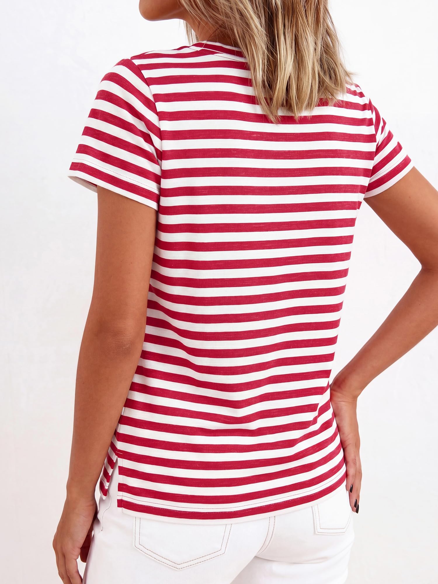 BTFBM Tops for Women Trendy Summer Crew Neck Short Sleeve T Shirts Striped Casual Vacation Blouse Basic Tee