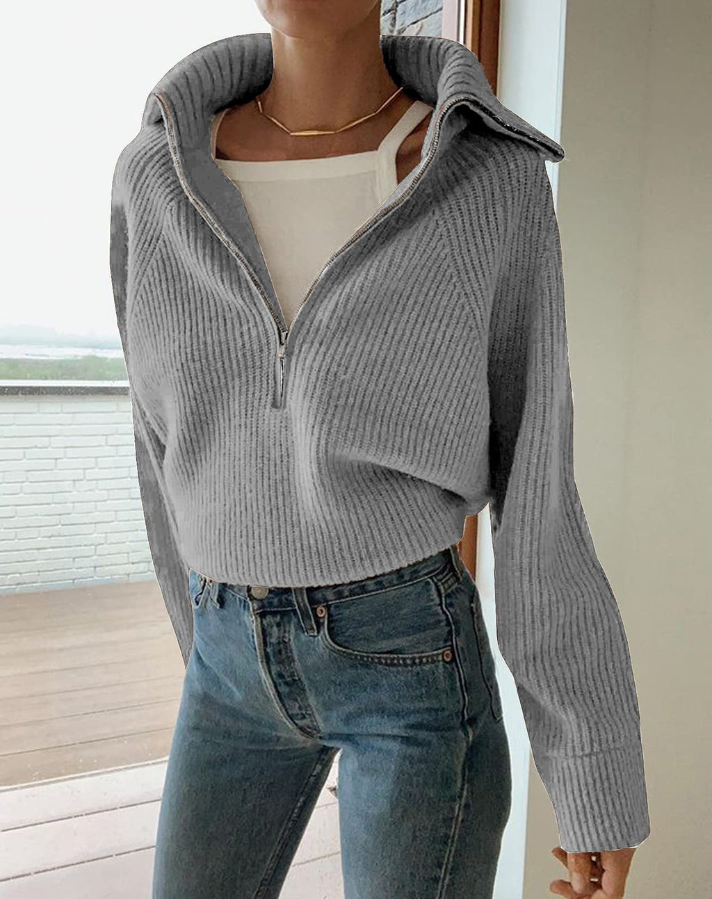 FreshPretty Womens Sweaters Quarter Zip Pullover V Neck Collar Long Sleeve Ribbed Knit Loose Casual Winter Fall Sweater