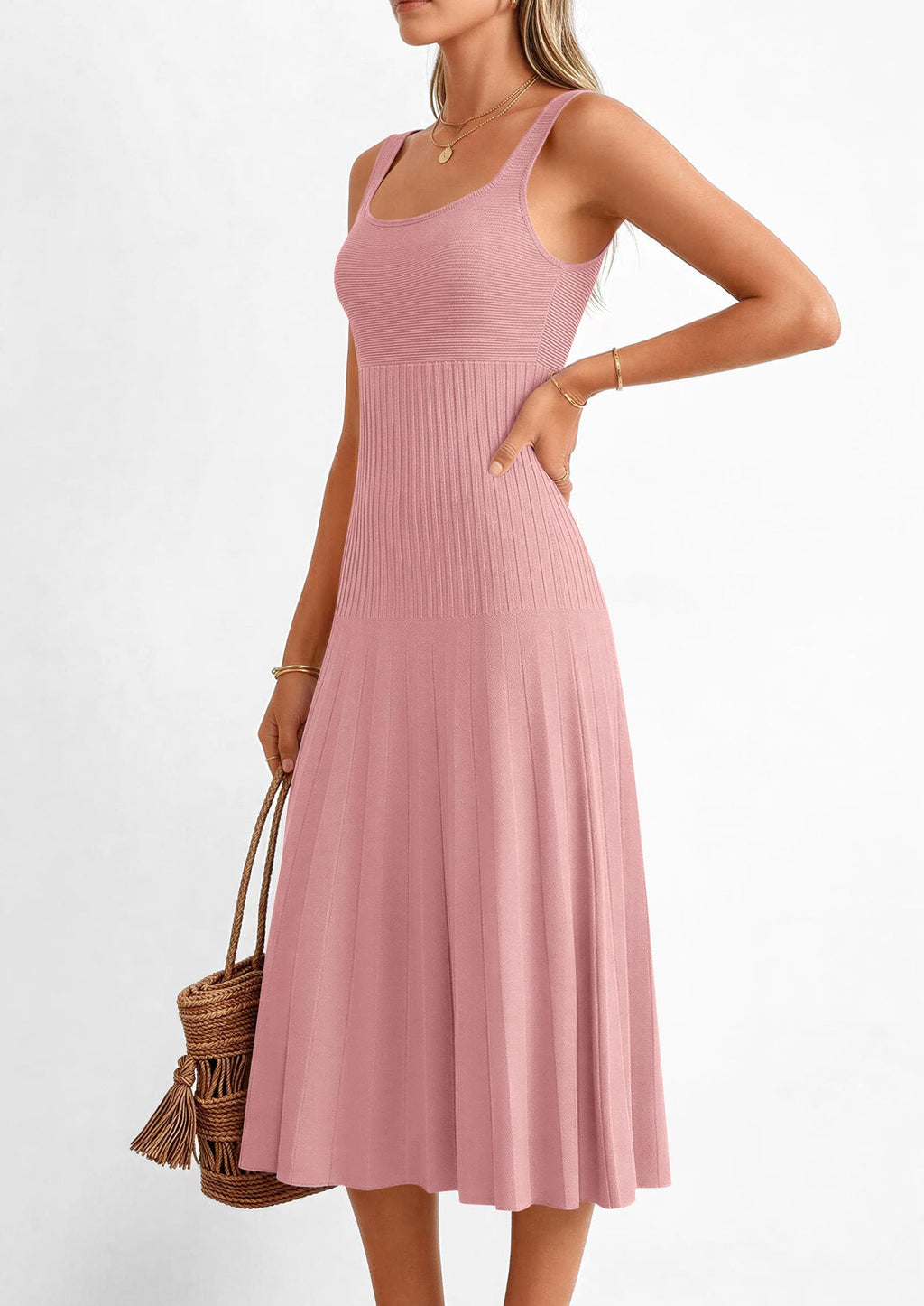 PRETTYGARDEN Spring Dresses for Women Summer Casual Sleeveless Square Neck A Line Knit Pleated Midi Cocktail Party Dress