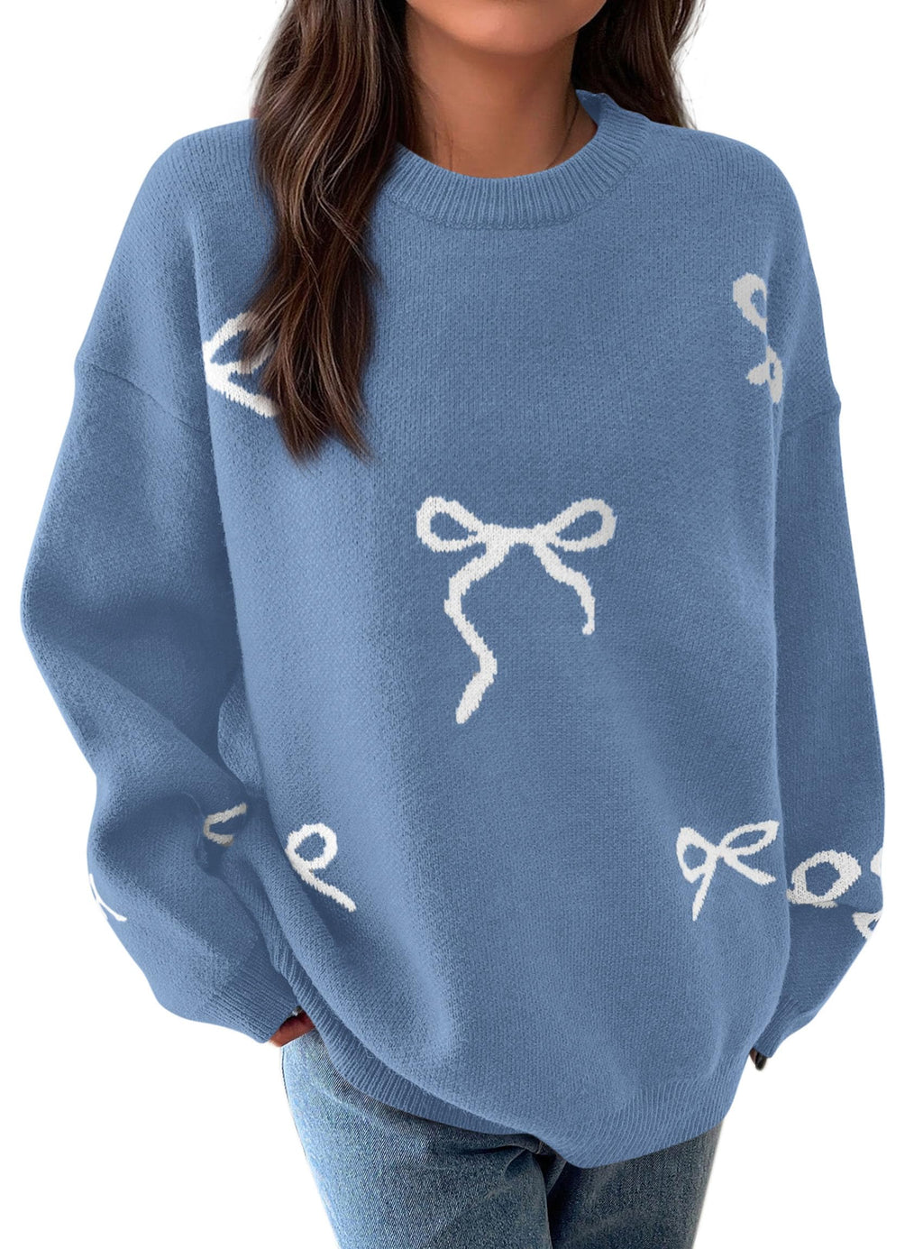 PRETTYGARDEN Fall Long Sleeve Pullover Sweaters for Women Trendy Crewneck Casual Cute Bow Chunky Knit Oversized Sweater