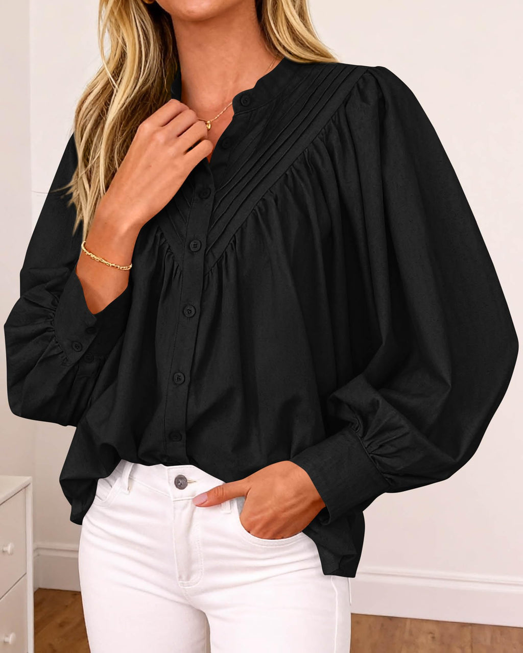 FreshPretty Blouses for Women Dressy Casual Fashion Clothing Long Sleeve Shirts Loose Fit Button Down Pleated Boho Going Out Tops