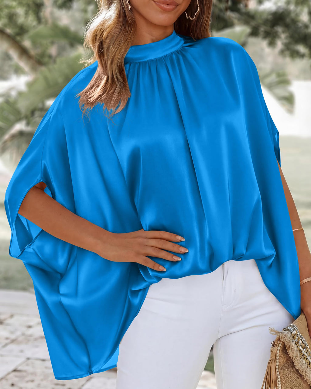 BTFBM Womens Summer Tops Mock Neck Batwing Sleeve Silk Satin Shirts Loose Oversized Dressy Casual Spring Blouses