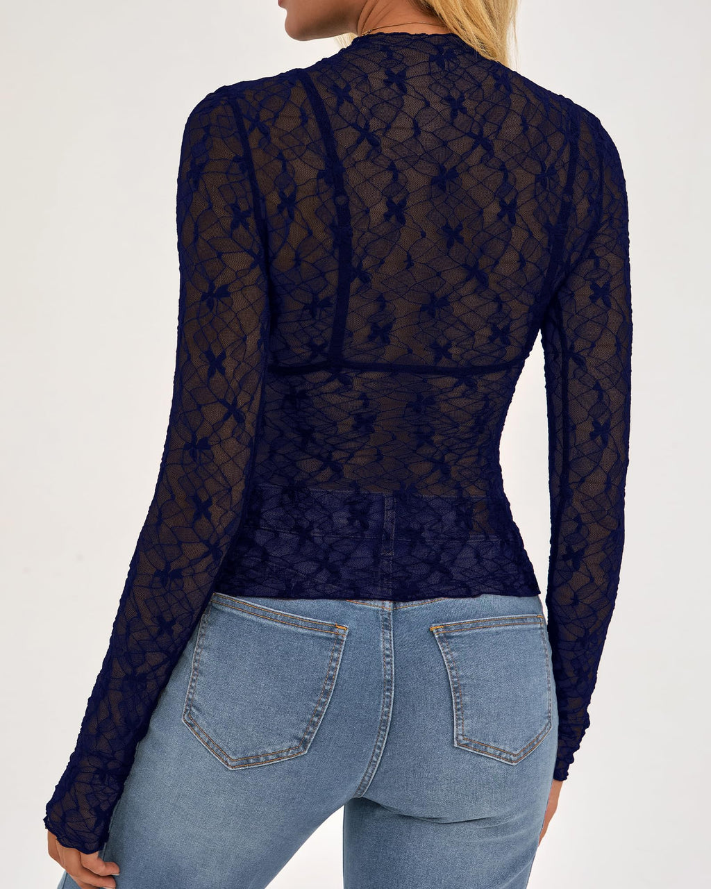 BTFBM Womens Tops Mesh Lace Long Sleeve Tops for Women Spring Fall Sheer See Through Tight Party Club Outfits
