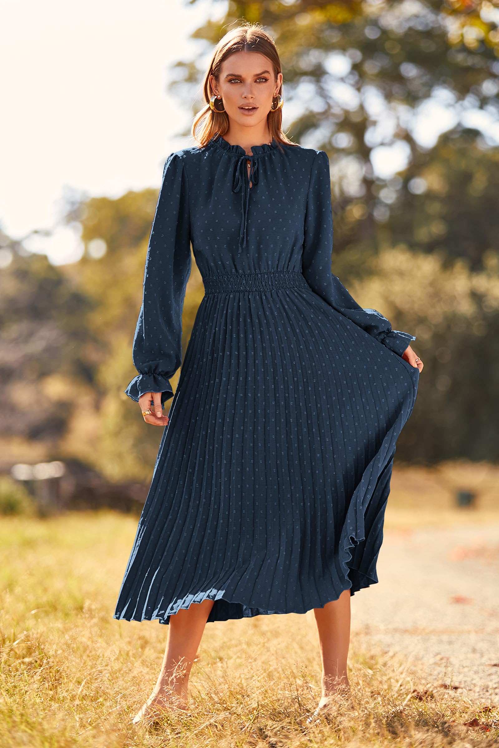 PRETTYGARDEN Women's Spring Fall Midi Dress Casual Long Sleeve V Neck Swiss Dot Pleated A Line Flowy Dresses