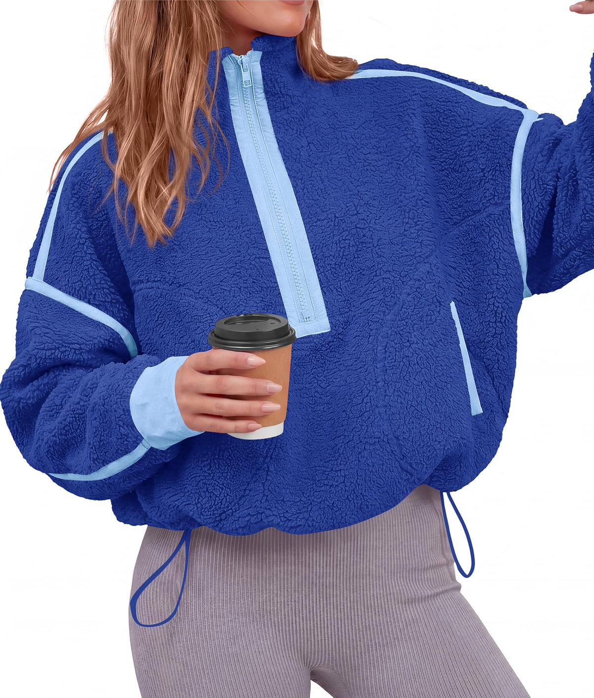 FreshPretty Womens Half Zip Fleece Pullover Sherpa Sweatshirts,Quarter Zip Cropped Jackets With Drawstring,Loose Fit Sweater Tops,Color Block Winter Coats,Trendy Fall Clothes