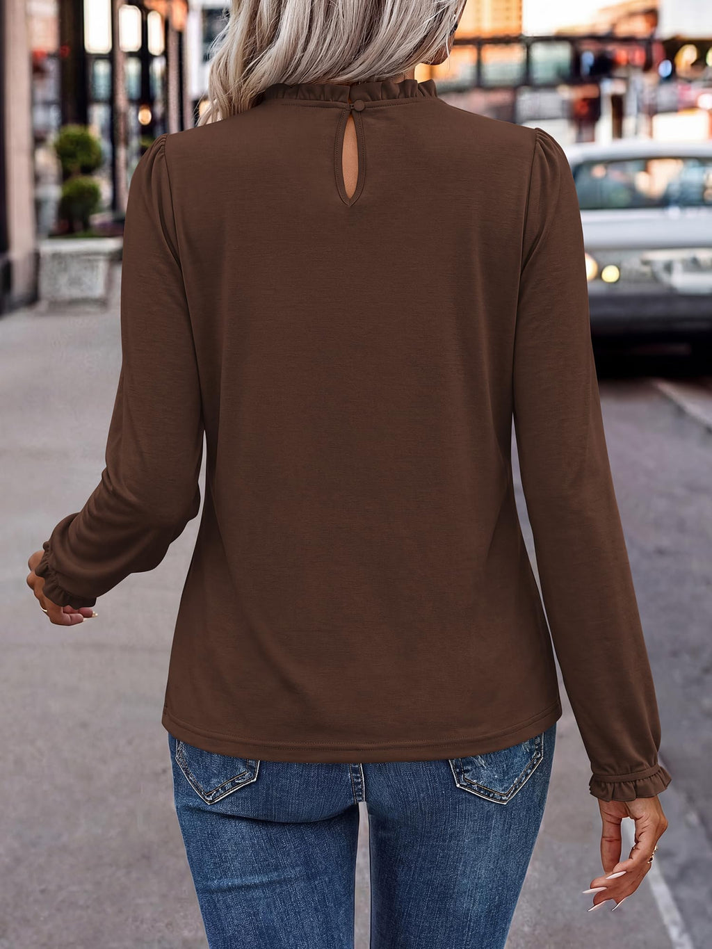 FreshPretty Long Sleeve Tops for Women Business Casual Blouses,Lightweight Knit Work Shirts,Frill Mock Neck Fitted Ruched Office Blouses,Ruffle Cuffs,Keyhole Back,Fall Fashion Clothes