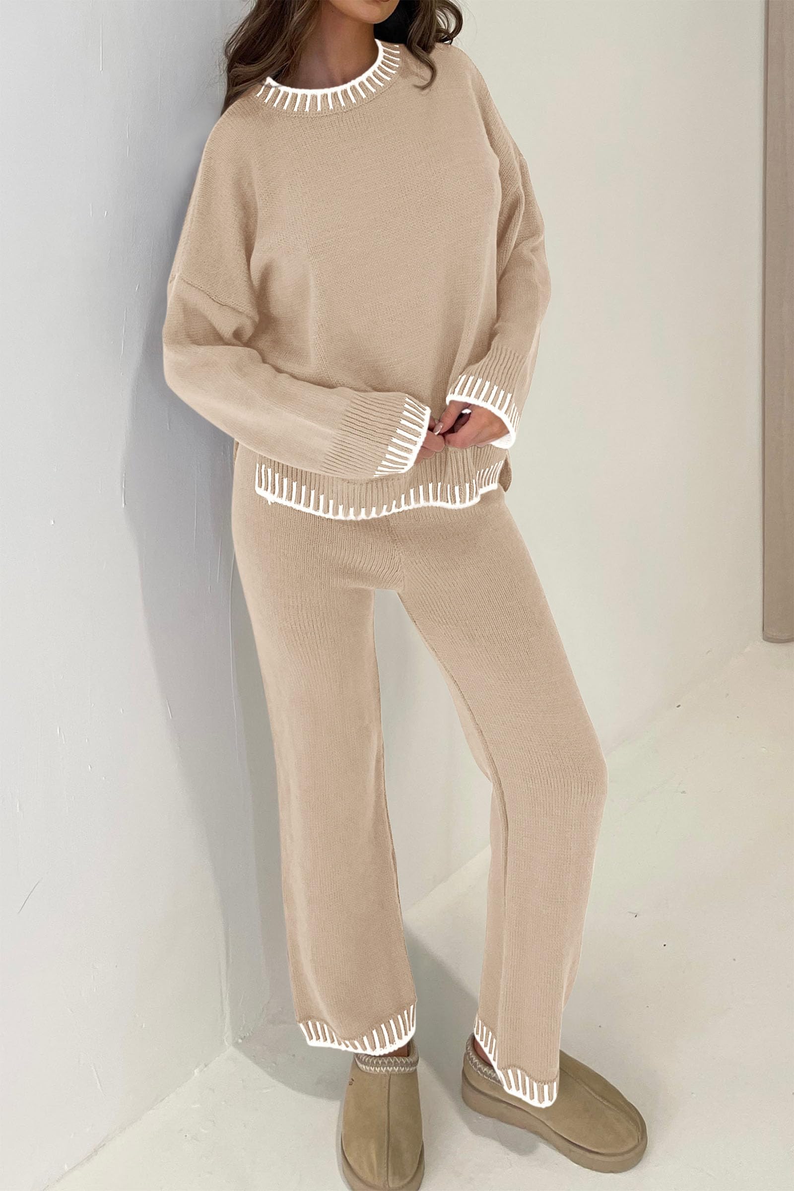 PRETTYGARDEN Women's 2 Piece Knit Sweater Outfit Casual Long Sleeve Pullover Wide Leg Pants Tracksuit Loungewear Set