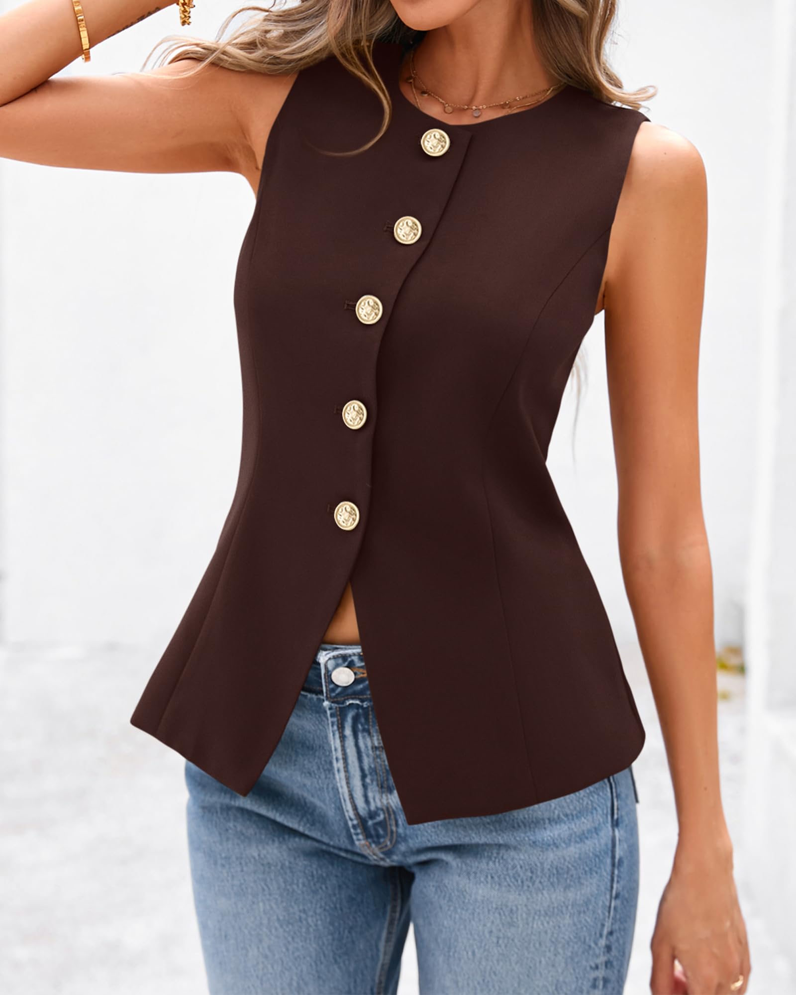 BTFBM Summer Sleeveless Blazer Vest For Women Dressy Button Down Round Neck Business Casual Outfits Work Suit Vests Tops